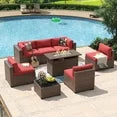 Aoxun 8 Piece Patio Furniture Set with 44” Fire Pit Table Wicker Rattan Outdoor Sectional Sofa Set with Coffee Table and 4” Thickened Cushions, Red (Waterproof Cover Included)