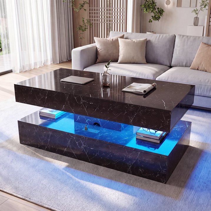 Sonegra 47" High-Glossy LED Lift Top Coffee Table with 2 Sliding Drawers, Large Open Storage Space & Ambient LED Lighting, Modern Double-Layer Livingroom Table, Marble Black