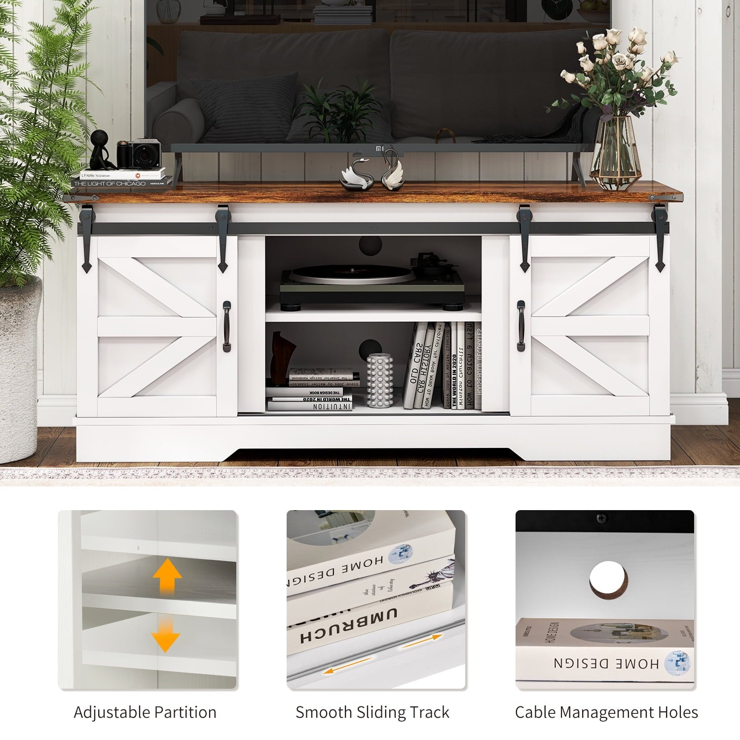 2-Piece Modern Farmhouse Furniture Set, White TV Stand for TVs up to 65-Inch, Farmhouse Coffee Table with Large Storage Space for Living Room, Family Room