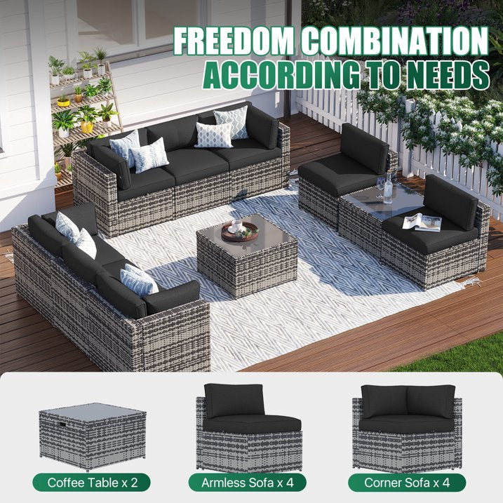Clouddwell 10 Piece Patio Furniture Set Wicker Rattan Patio Conversation Set Outdoor Sectional Sofa Set with Coffee Table and Black Cushions(Waterproof Cover Included)