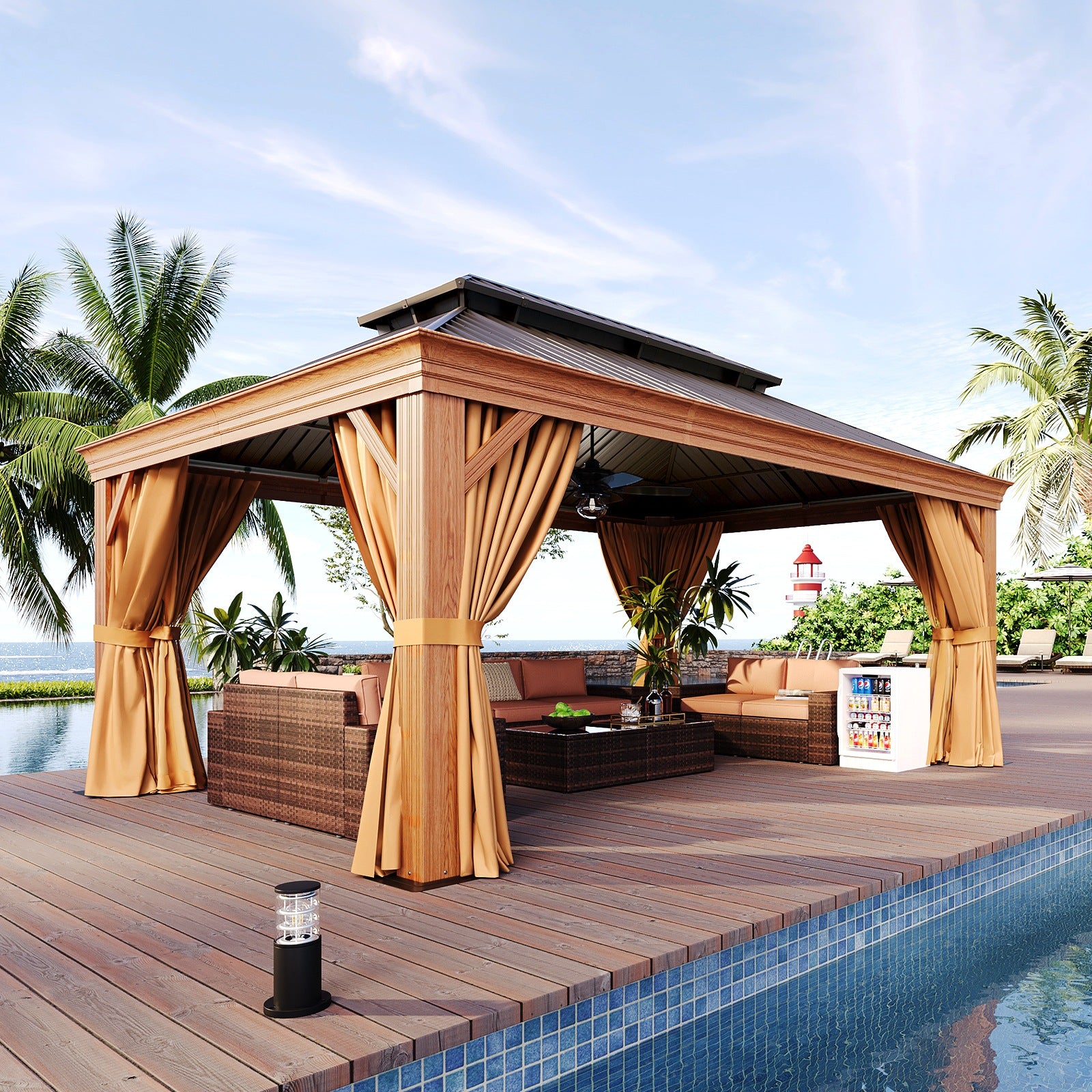 Wood Grain Hardtop Gazebo with Rain Gutter
