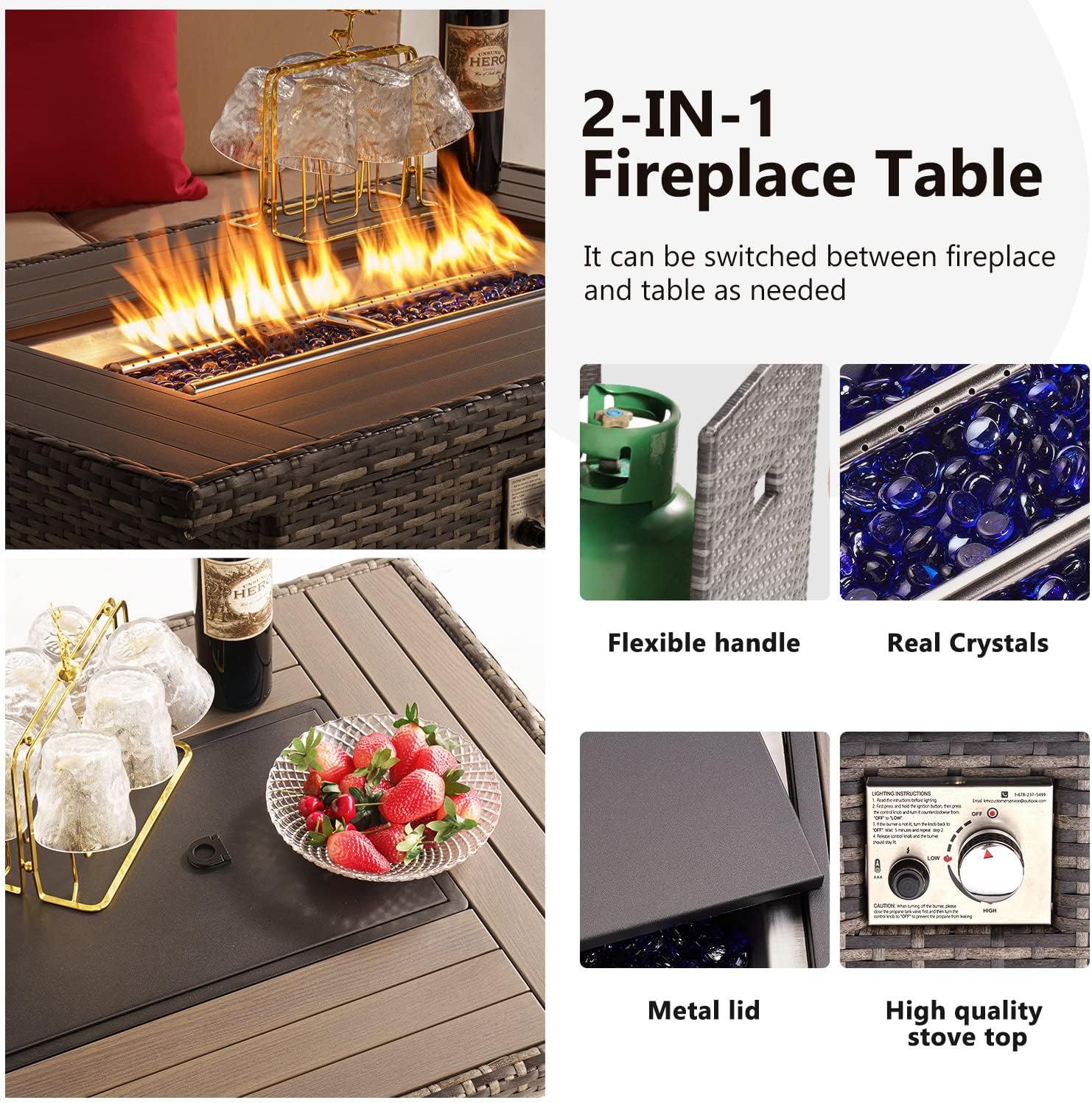 40" Wicker Propane Fire Pit Table, 50,000 BTU