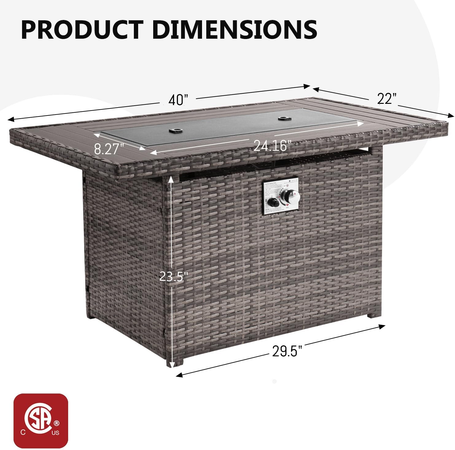 40" Wicker Propane Fire Pit Table, 50,000 BTU