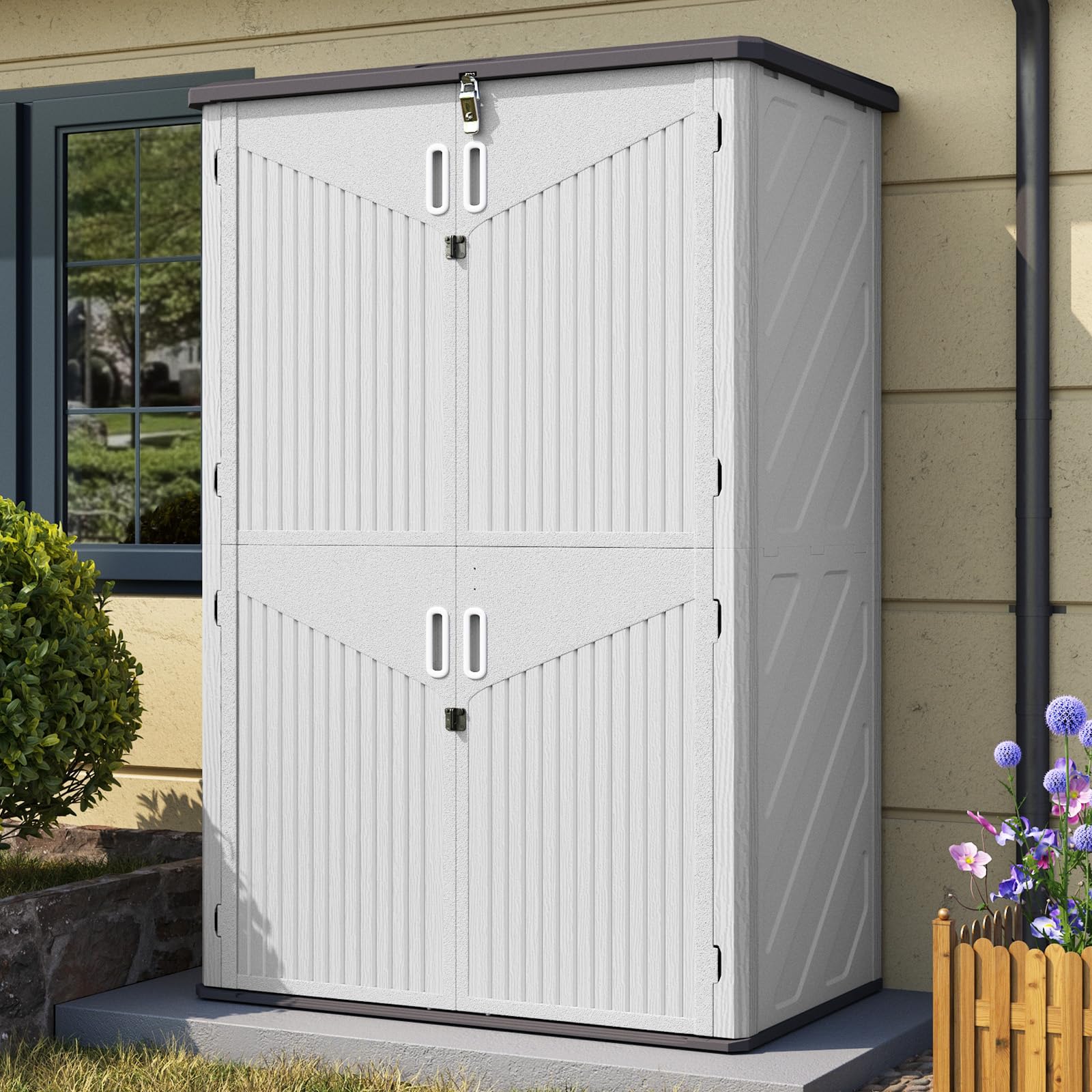 Outdoor Storage Shed, 64 Cu.Ft Vertical Storage Sheds Outdoor with Floor, Outdoor Waterproof Storage Cabinet for Garage Storage, Pool Storage, Bike Shed, Garden Shed, Outdoor Storage(White)