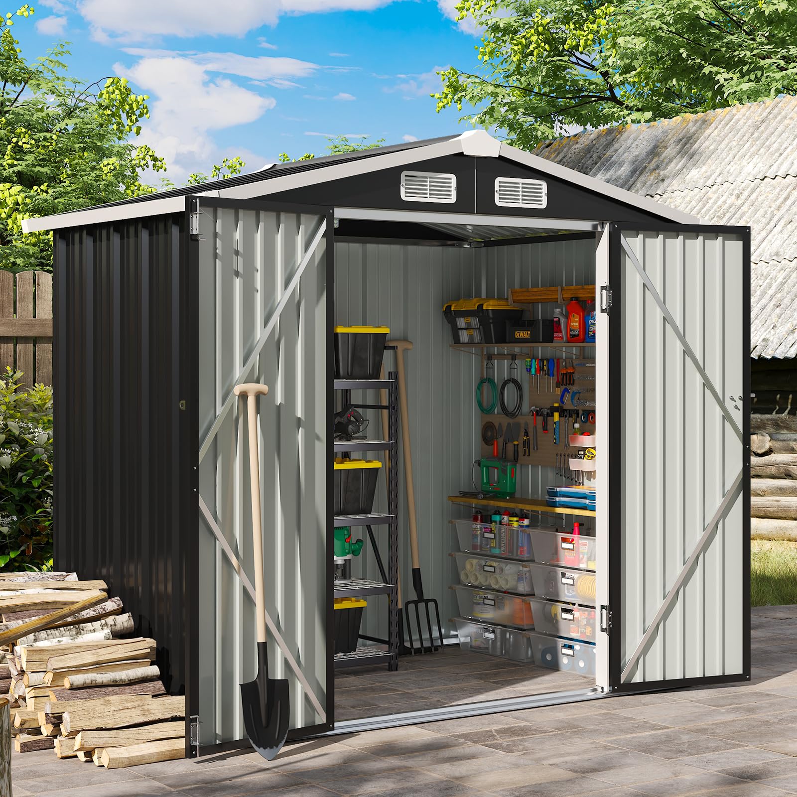Aoxun 6.2x4 FT Shed Outdoor Storage Shed, Black Metal Shed with Lockable Doors & Slooping Roof Garden Tool Shed for Backyard, Patio, Poolside
