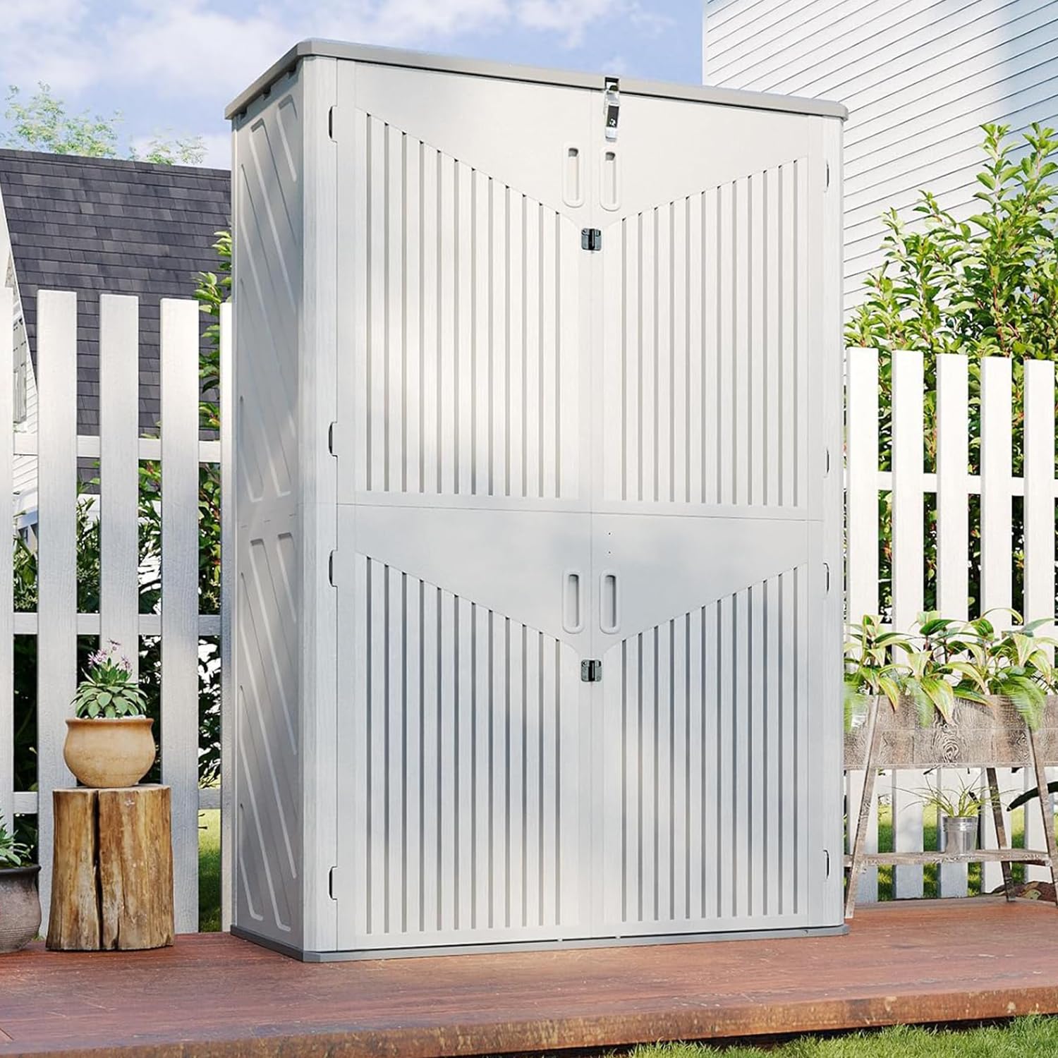 Outdoor Storage Shed, 64 Cu.Ft Vertical Storage Sheds Outdoor with Floor, Outdoor Waterproof Storage Cabinet for Garage Storage, Pool Storage, Bike Shed, Garden Shed, Outdoor Storage(White)