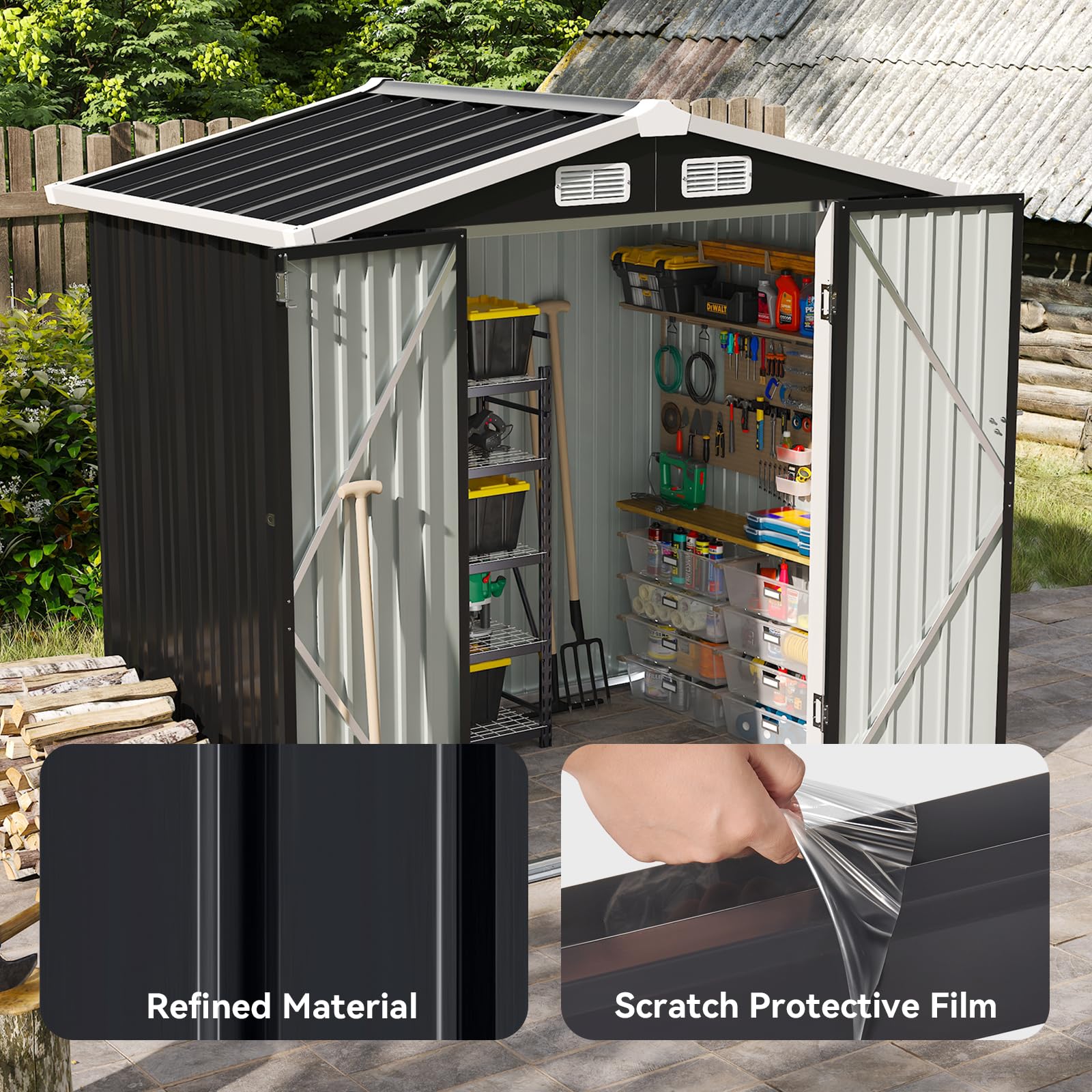 Aoxun 6.2x4 FT Shed Outdoor Storage Shed, Black Metal Shed with Lockable Doors & Slooping Roof Garden Tool Shed for Backyard, Patio, Poolside