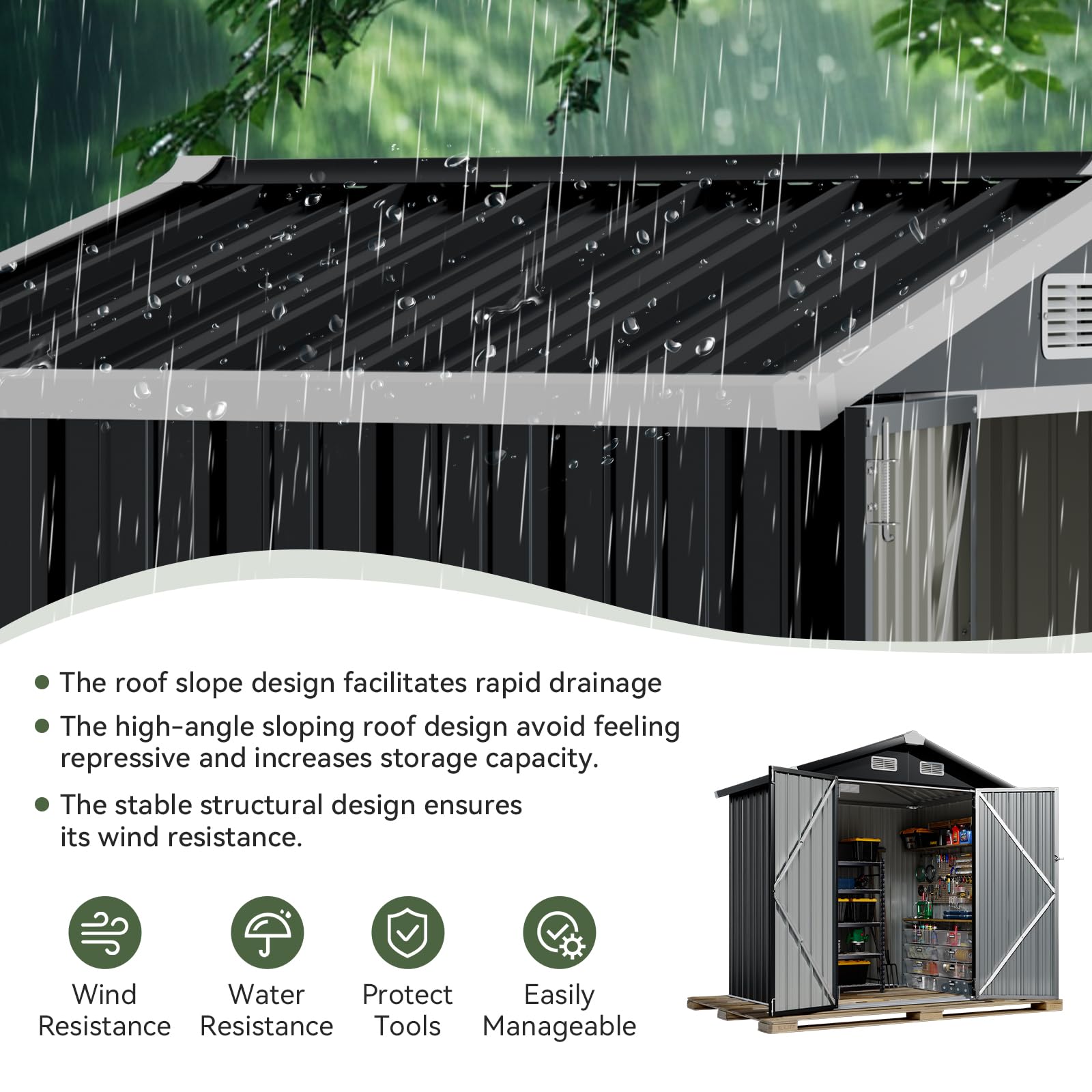 Aoxun 6.2x4 FT Shed Outdoor Storage Shed, Black Metal Shed with Lockable Doors & Slooping Roof Garden Tool Shed for Backyard, Patio, Poolside
