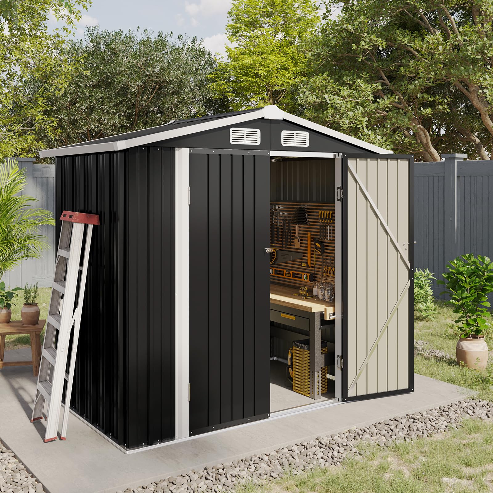 Aoxun 6.2x4 FT Shed Outdoor Storage Shed, Black Metal Shed with Lockable Doors & Slooping Roof Garden Tool Shed for Backyard, Patio, Poolside