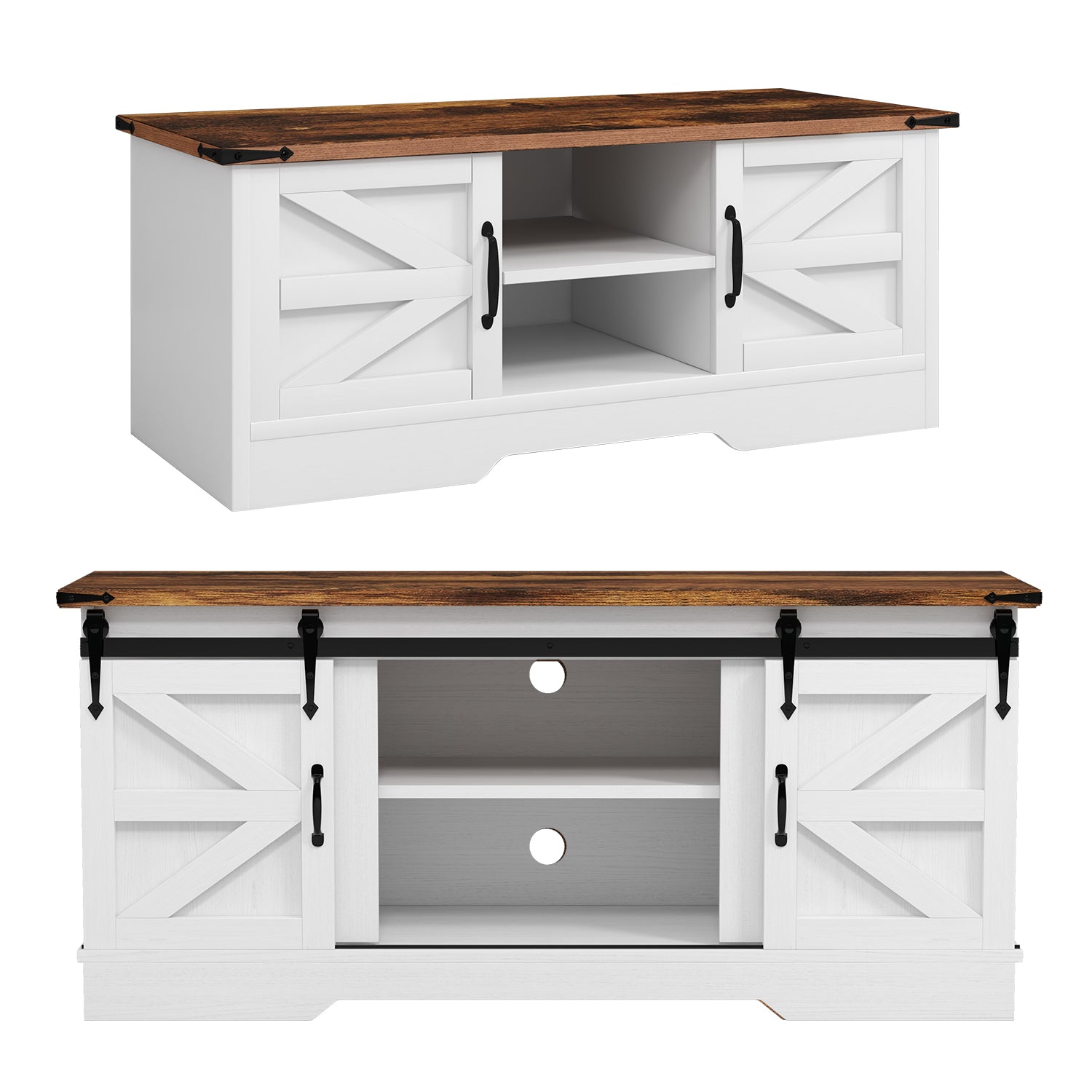 2-Piece Farmhouse Table Set Includes 58" Sliding Barn Door TV Stand and 39" Coffee Table with Large Capacity Space, Retro Brown Desktop for Living Room, Bedroom(White)