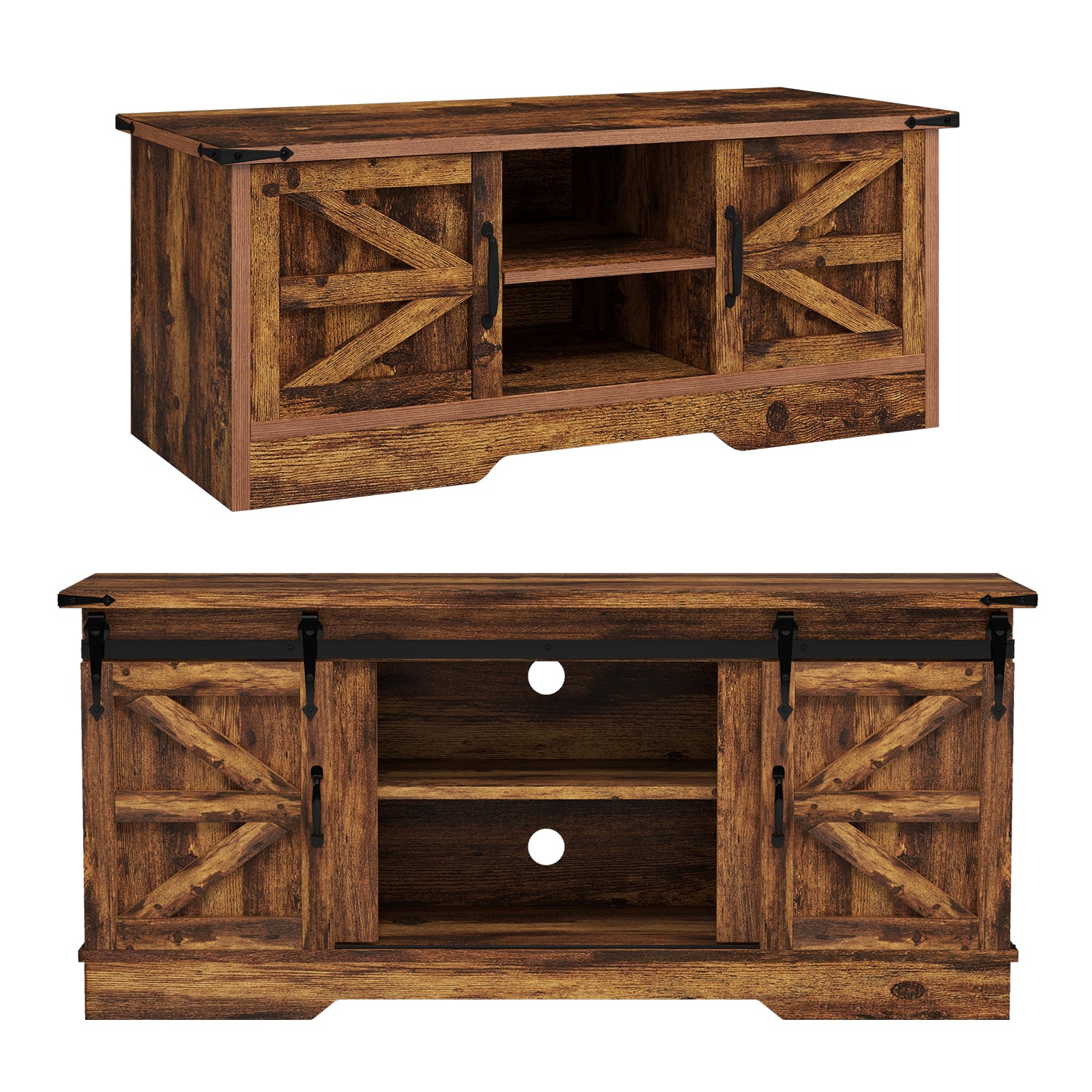 2-Piece Farmhouse Table Set Includes 58" Sliding Barn Door TV Stand and 39" Coffee Table with Large Capacity Space, Retro Brown Tables for Living Room, Bedroom(Brown)