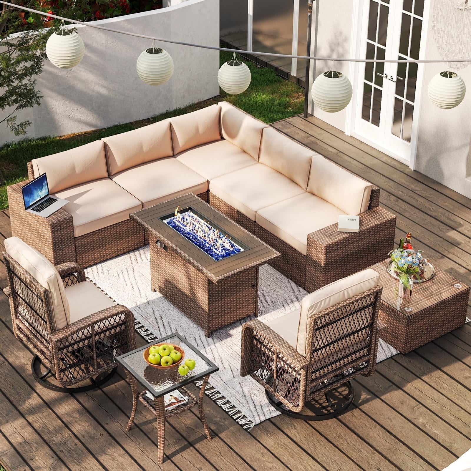 10pcs Patio Conversation Set with Fire Pit Table , Outdoor PE Rattan Sectional Sofa Sets with Swivel Chairs for Backyard,Beige