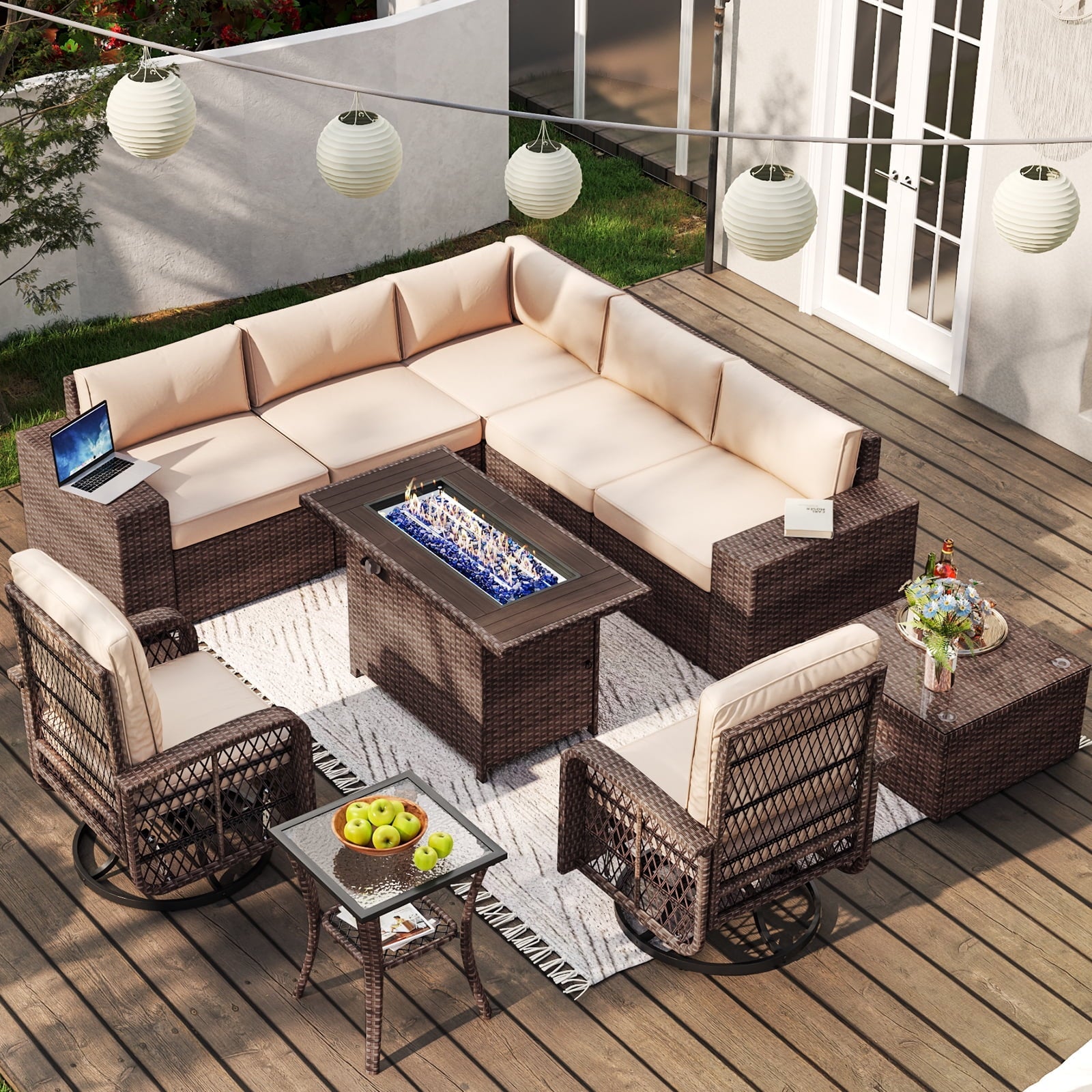 10pcs Patio Conversation Set with Fire Pit Table(Include Waterproof Cover) , Outdoor PE Rattan Sectional Sofa Sets with Swivel Chairs for Backyard,Beige