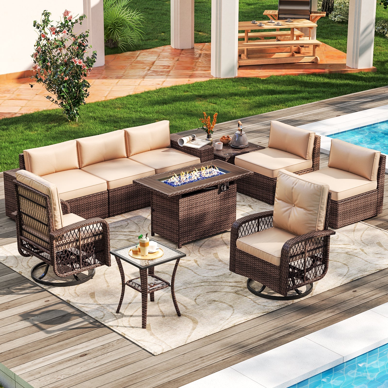 10pcs Patio Conversation Set with Fire Pit Table(Include Waterproof Cover) , Outdoor PE Rattan Sectional Sofa Sets with Swivel Chairs for Backyard,Beige