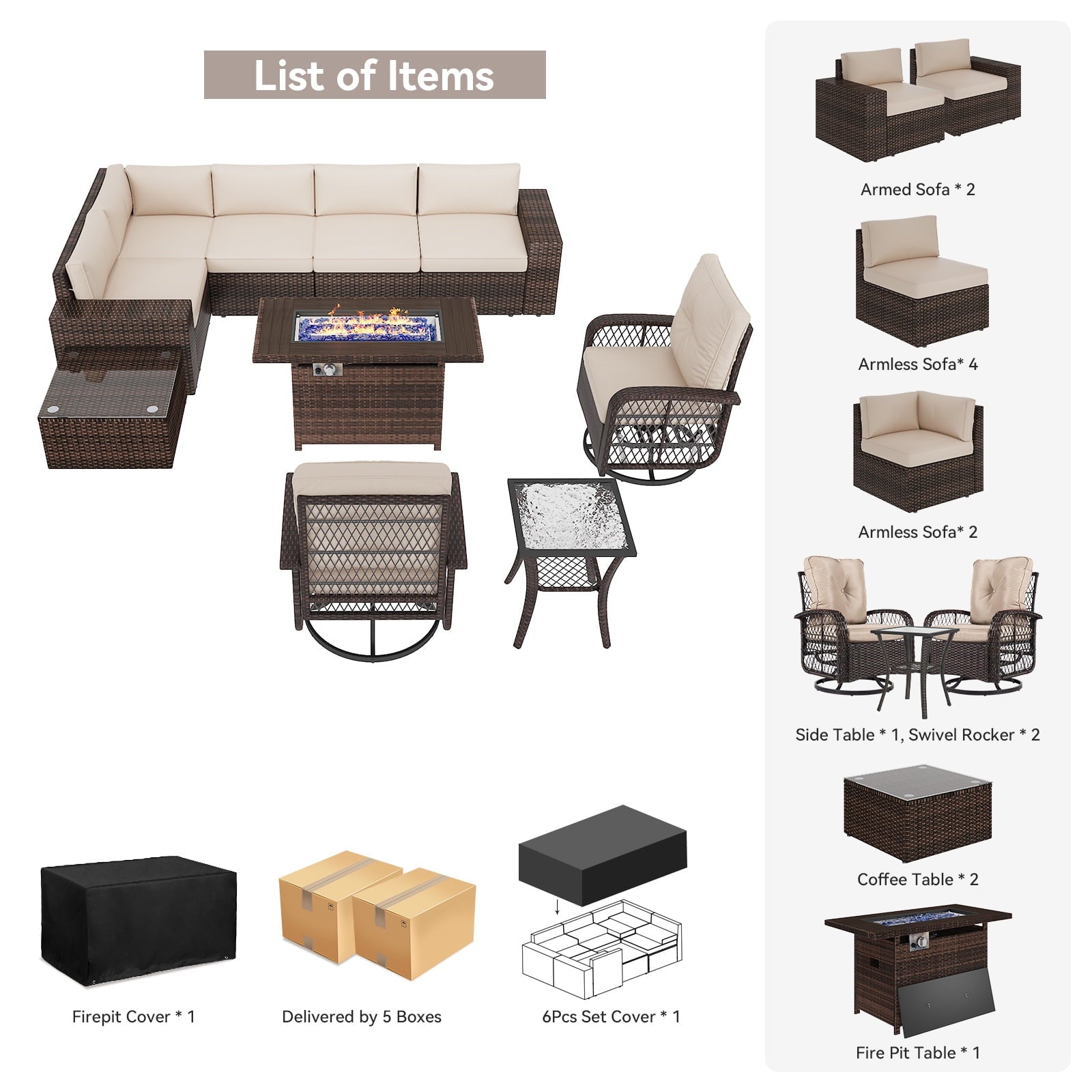 10Pcs Patio Furniture Swivel Rocker Chair Sets With Fire Pit Table All-Weather Wicker Outdoor Conversation Set Outside Rattan Sectional Sofa with Coffer Table ,Beige(with Waterproof Cover)