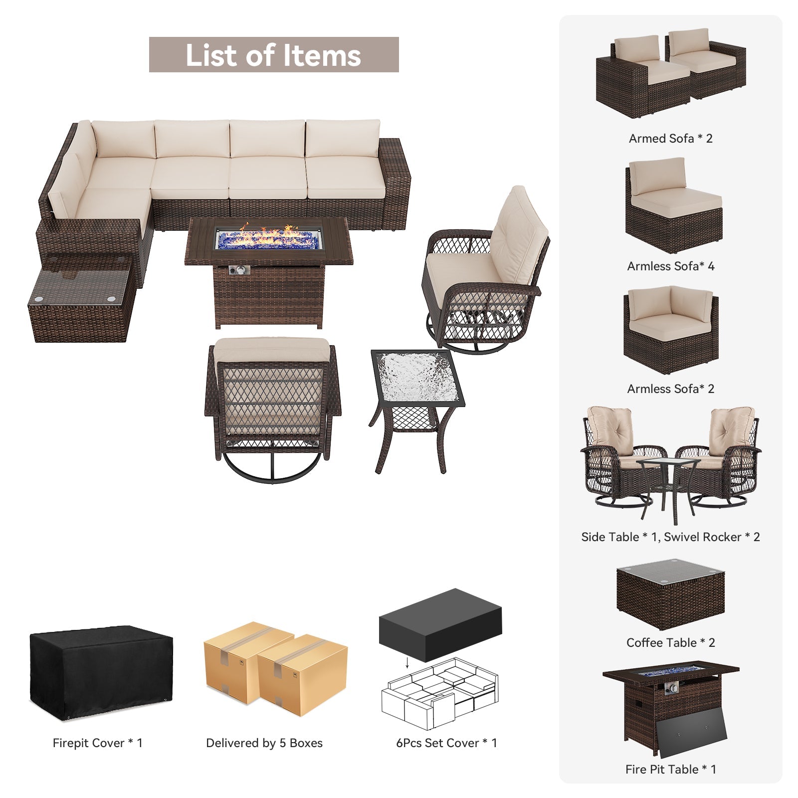 10Pcs Patio Furniture Swivel Rocker Chair Sets With Fire Pit Table All-Weather Wicker Outdoor Conversation Set Outside Rattan Sectional Sofa with Coffer Table ,Beige(with Waterproof Cover)