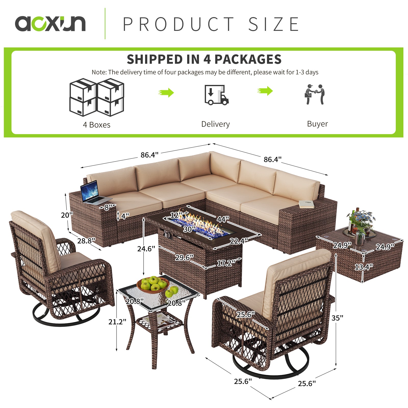 10pcs Patio Conversation Set with Fire Pit Table(Include Waterproof Cover) , Outdoor PE Rattan Sectional Sofa Sets with Swivel Chairs for Backyard,Beige