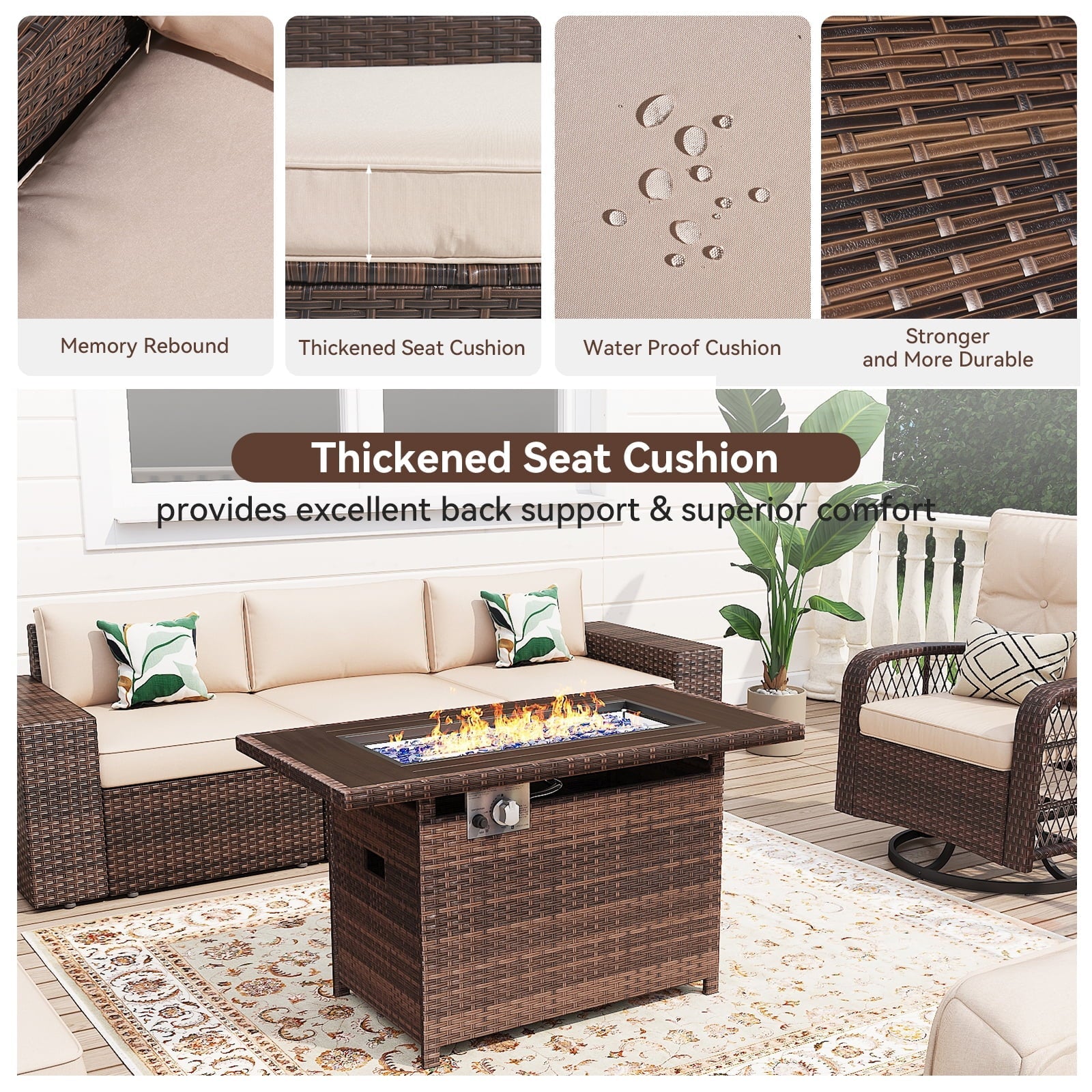 10Pcs Patio Furniture Swivel Rocker Chair Sets With Fire Pit Table All-Weather Wicker Outdoor Conversation Set Outside Rattan Sectional Sofa with Coffer Table ,Beige(with Waterproof Cover)