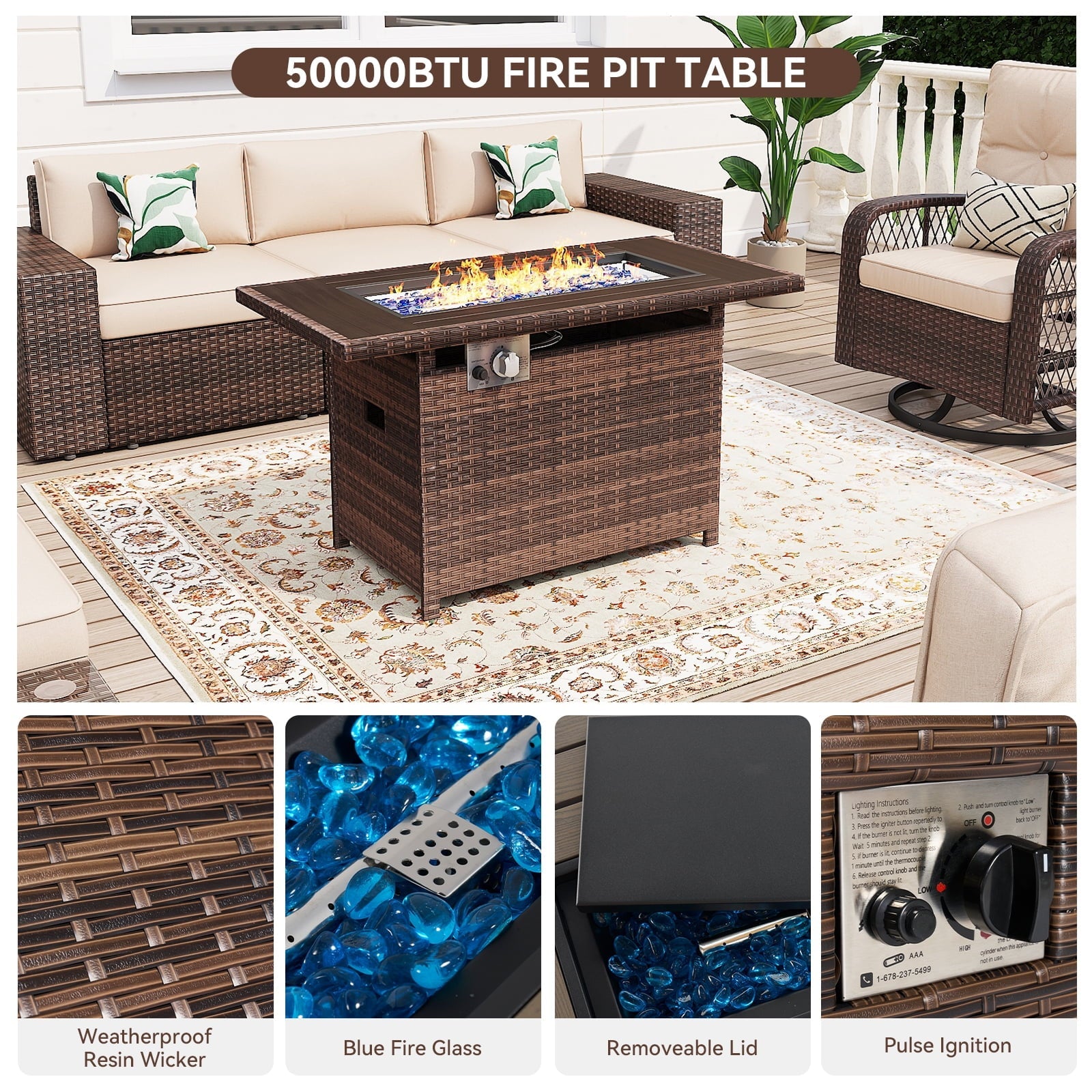 10Pcs Patio Furniture Swivel Rocker Chair Sets With Fire Pit Table All-Weather Wicker Outdoor Conversation Set Outside Rattan Sectional Sofa with Coffer Table ,Beige(with Waterproof Cover)