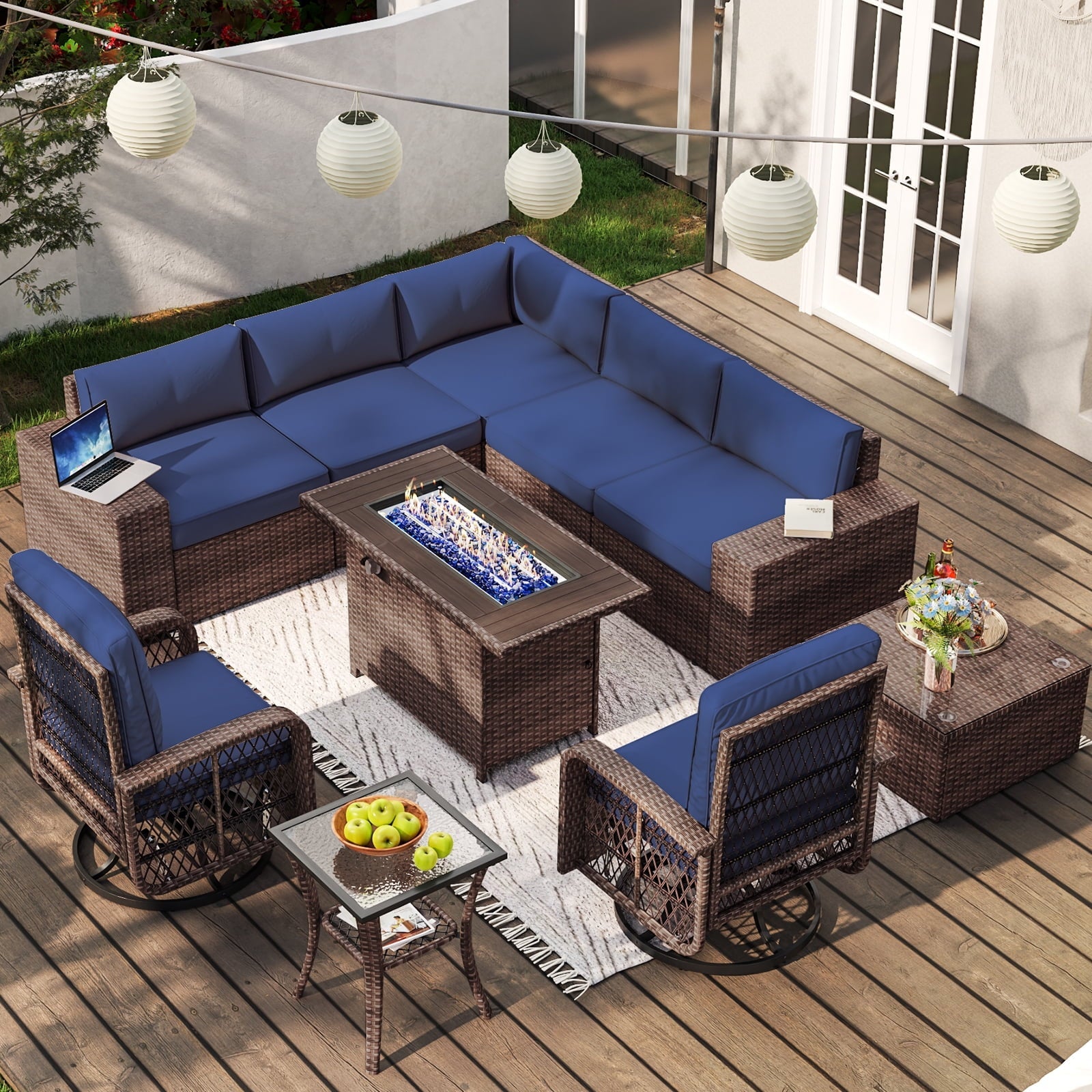 10pcs Patio Conversation Set with Fire Pit Table(Include Waterproof Cover) , Outdoor PE Rattan Sectional Sofa Sets with Swivel Chairs for Backyard,Blue