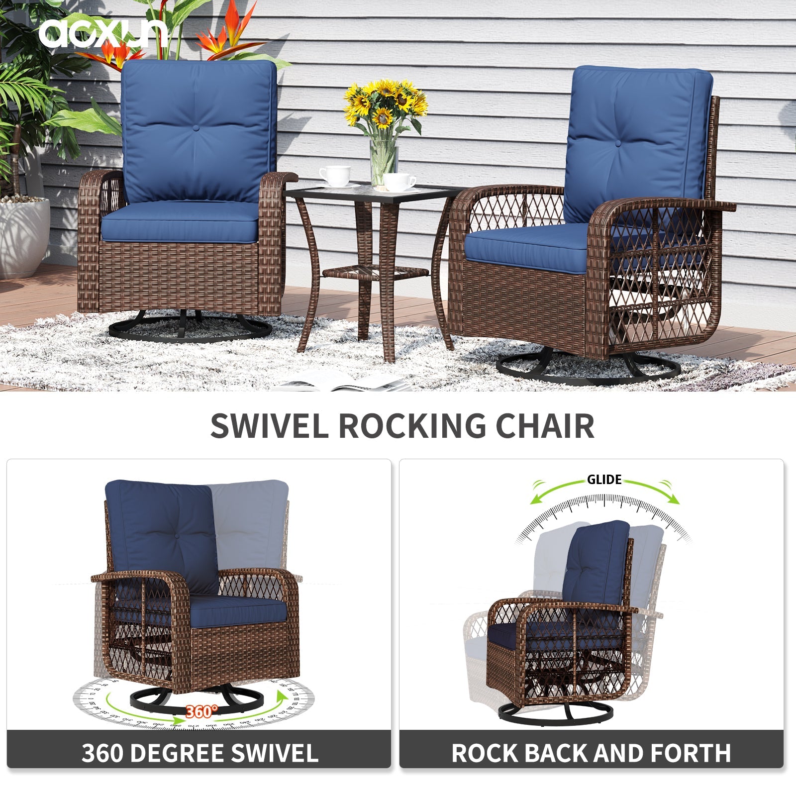 10pcs Patio Conversation Set with Fire Pit Table(Include Waterproof Cover) , Outdoor PE Rattan Sectional Sofa Sets with Swivel Chairs for Backyard,Blue