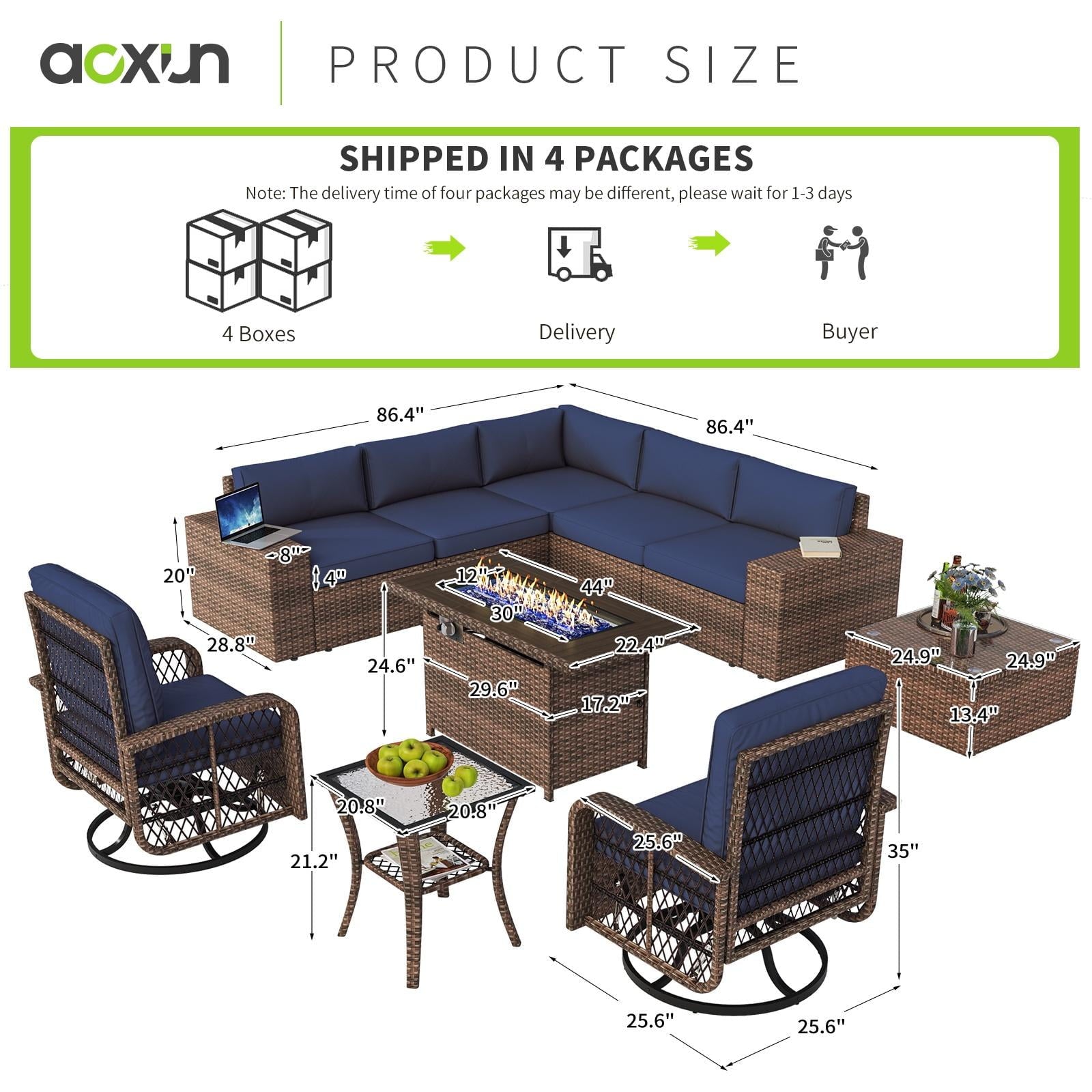 10pcs Patio Conversation Set with Fire Pit Table , Outdoor PE Rattan Sectional Sofa Sets with Swivel Chairs for Backyard,Blue