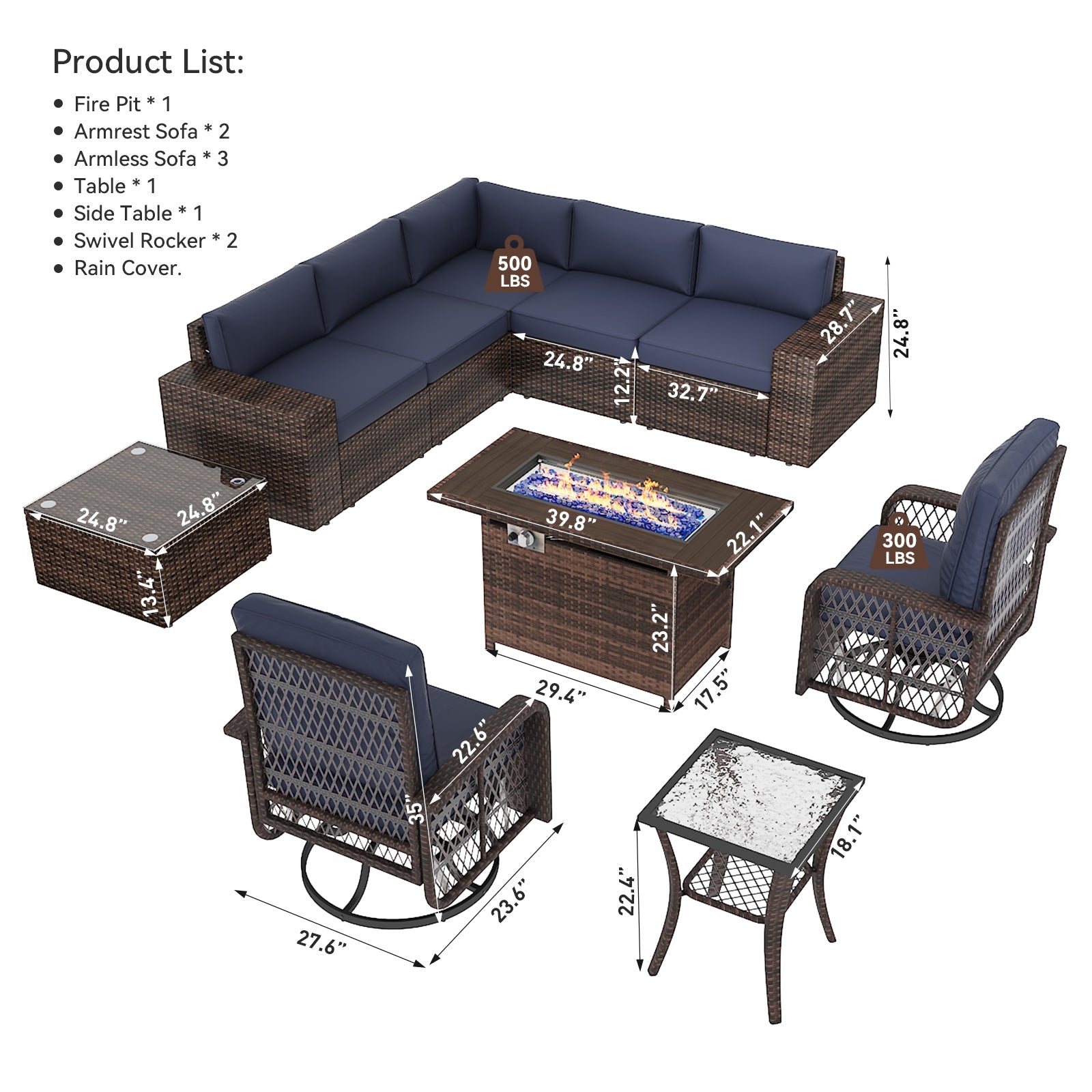 10Pcs Patio Furniture Swivel Rocker Chair Sets With Fire Pit Table All-Weather Wicker Outdoor Conversation Set Outside Rattan Sectional Sofa with Coffer Table ,Blue(with Waterproof Cover)