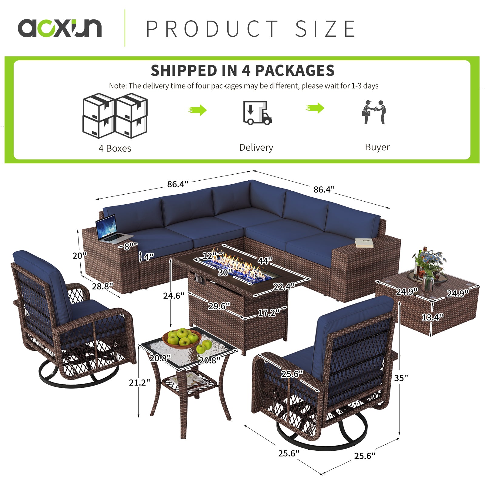 10pcs Patio Conversation Set with Fire Pit Table(Include Waterproof Cover) , Outdoor PE Rattan Sectional Sofa Sets with Swivel Chairs for Backyard,Blue