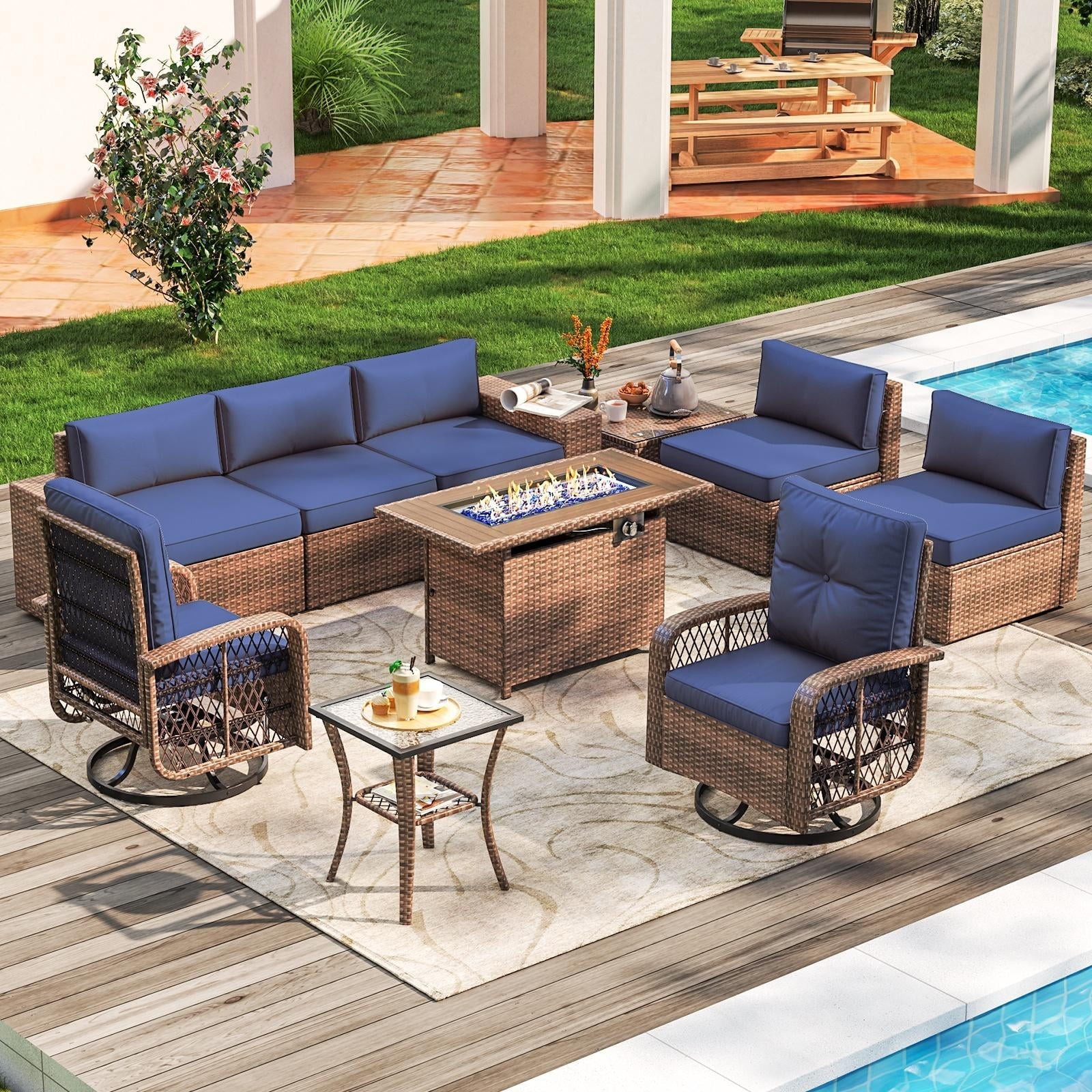 Wicker Patio Furniture Sofa Set with Fire Pit Table