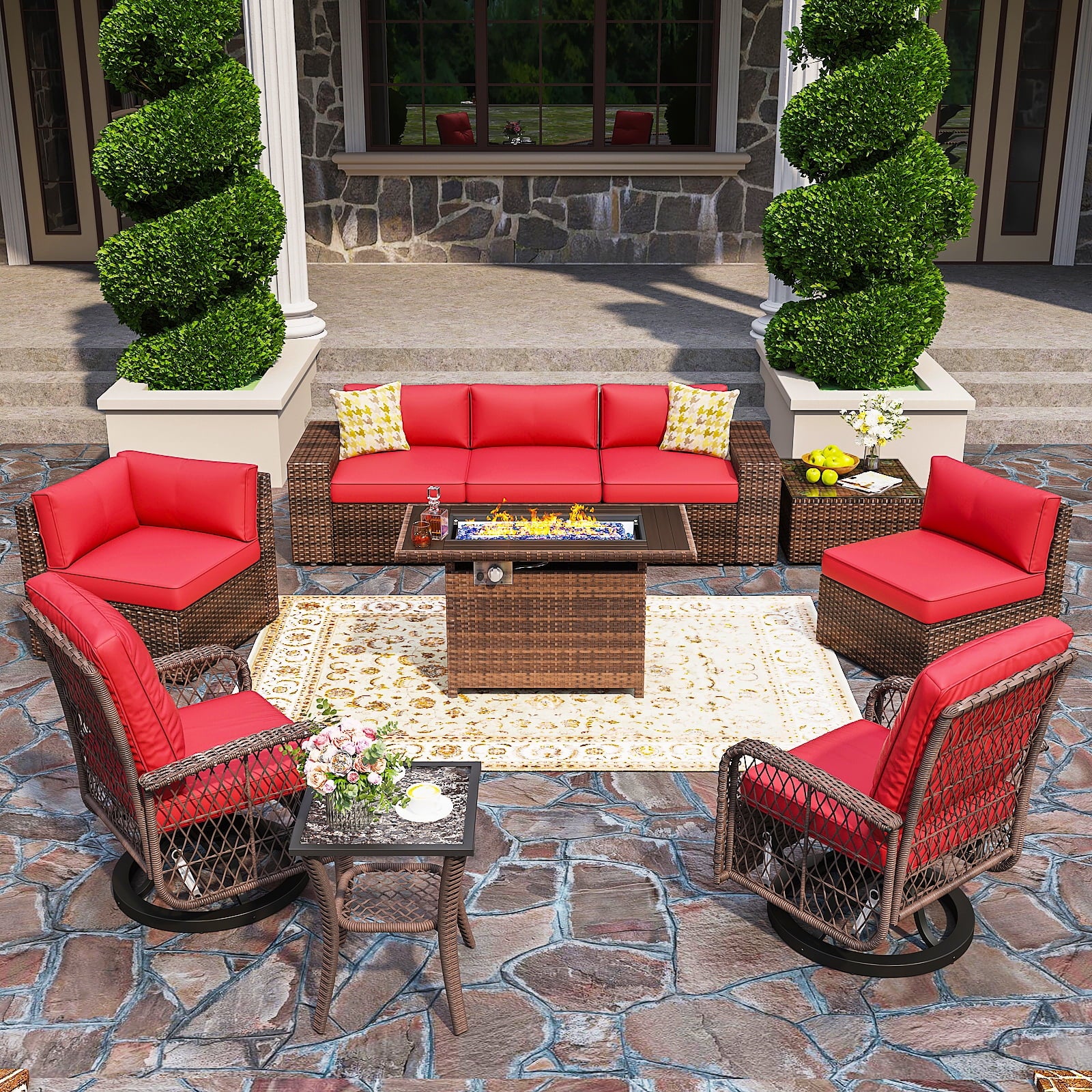 10pcs Patio Conversation Set with Fire Pit Table(Include Waterproof Cover), Outdoor PE Rattan Sectional Sofa Sets with Swivel Chairs for Backyard,Red