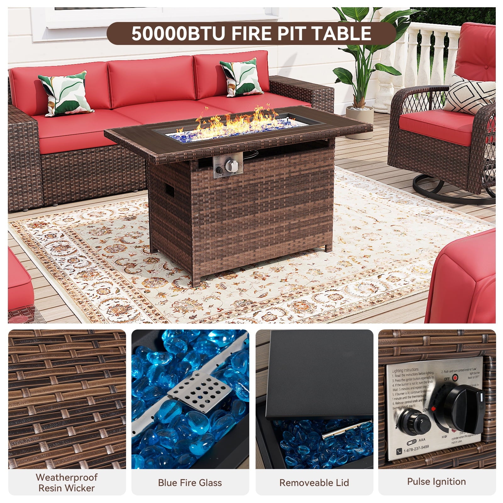 10Pcs Patio Furniture Swivel Rocker Chair Sets With Fire Pit Table All-Weather Wicker Outdoor Conversation Set Outside Rattan Sectional Sofa with Coffer Table ,RED(with Waterproof Cover)