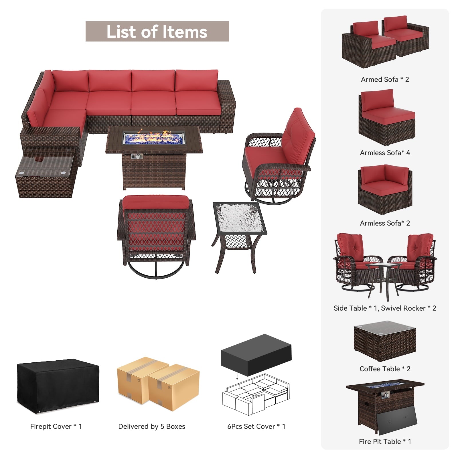 10Pcs Patio Furniture Swivel Rocker Chair Sets With Fire Pit Table All-Weather Wicker Outdoor Conversation Set Outside Rattan Sectional Sofa with Coffer Table ,RED(with Waterproof Cover)