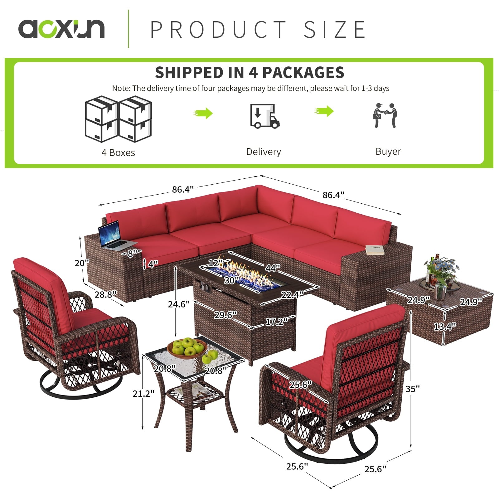 10pcs Patio Conversation Set with Fire Pit Table(Include Waterproof Cover), Outdoor PE Rattan Sectional Sofa Sets with Swivel Chairs for Backyard,Red