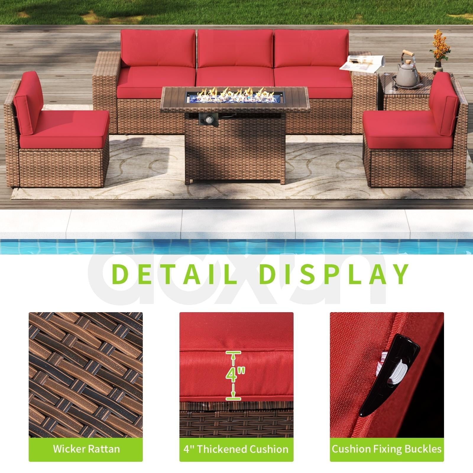 10pcs Patio Conversation Set with Fire Pit Table , Outdoor PE Rattan Sectional Sofa Sets with Swivel Chairs for Backyard,Red