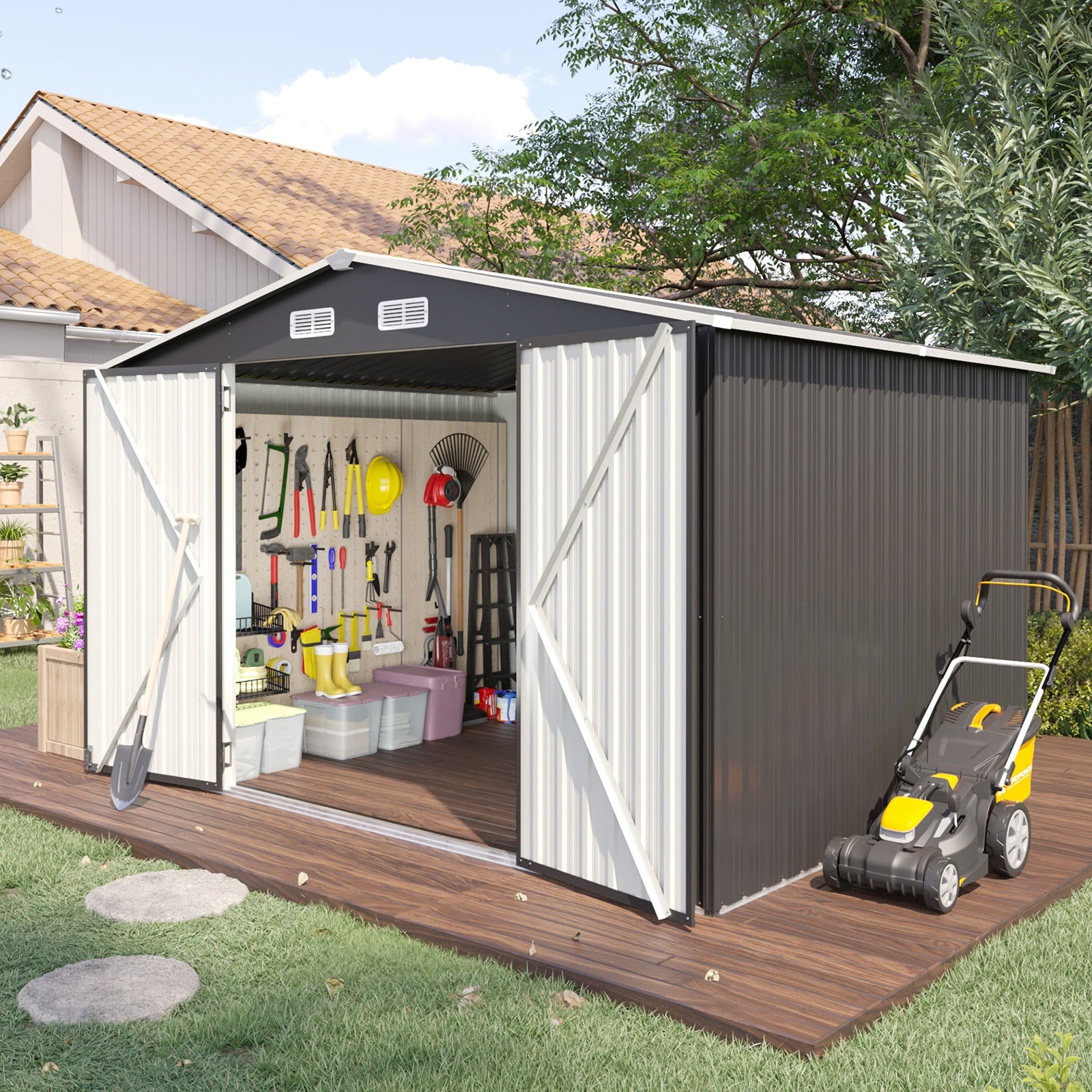 10’x 8’ Outdoor Storage Shed with Base Frame, Metal Garden Tool Shed with Lockable Door, Galvanized Steel Shed for Backyard, Lawn and Patio, Black