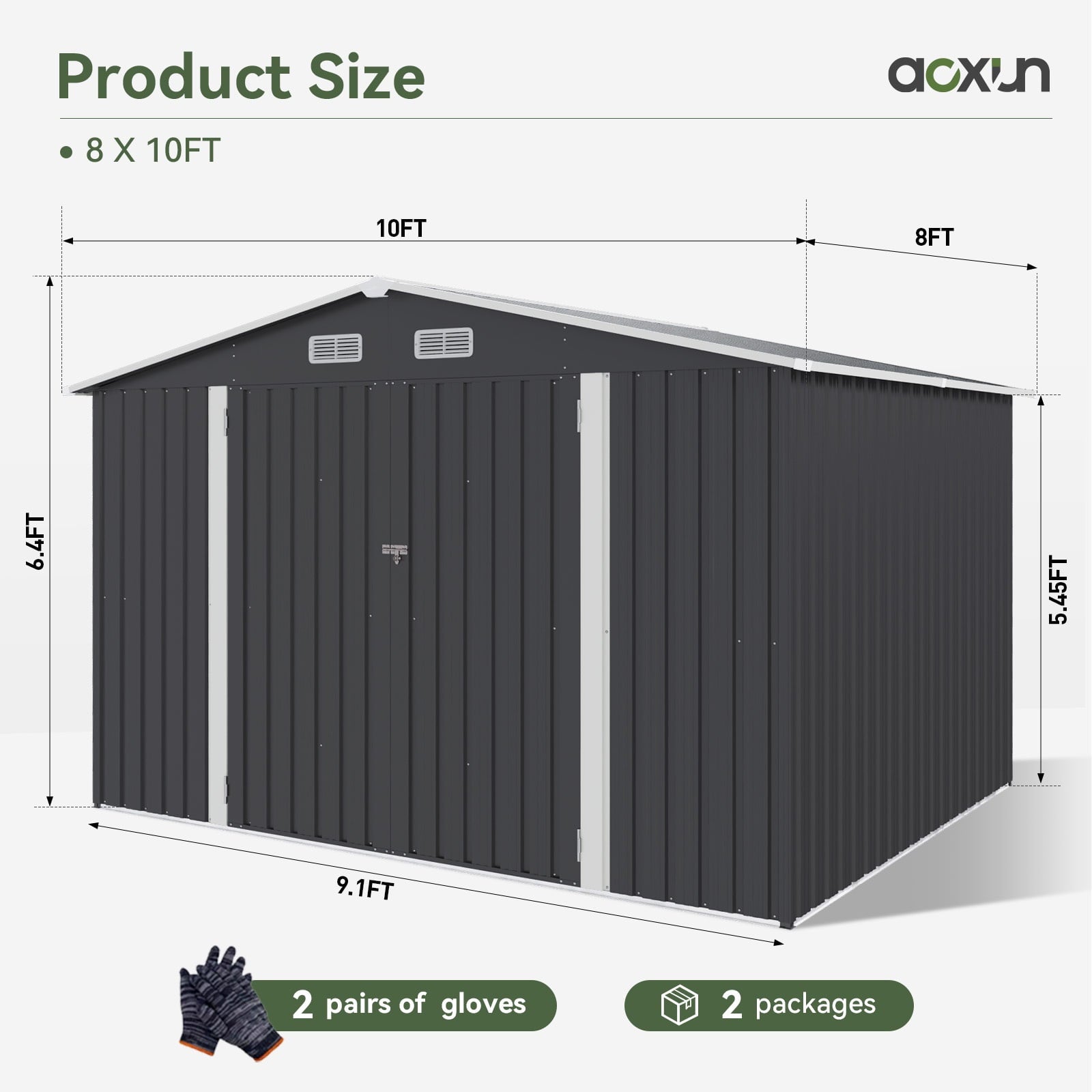 10’x 8’ Outdoor Storage Shed with Base Frame, Metal Garden Tool Shed with Lockable Door, Galvanized Steel Shed for Backyard, Lawn and Patio, Black