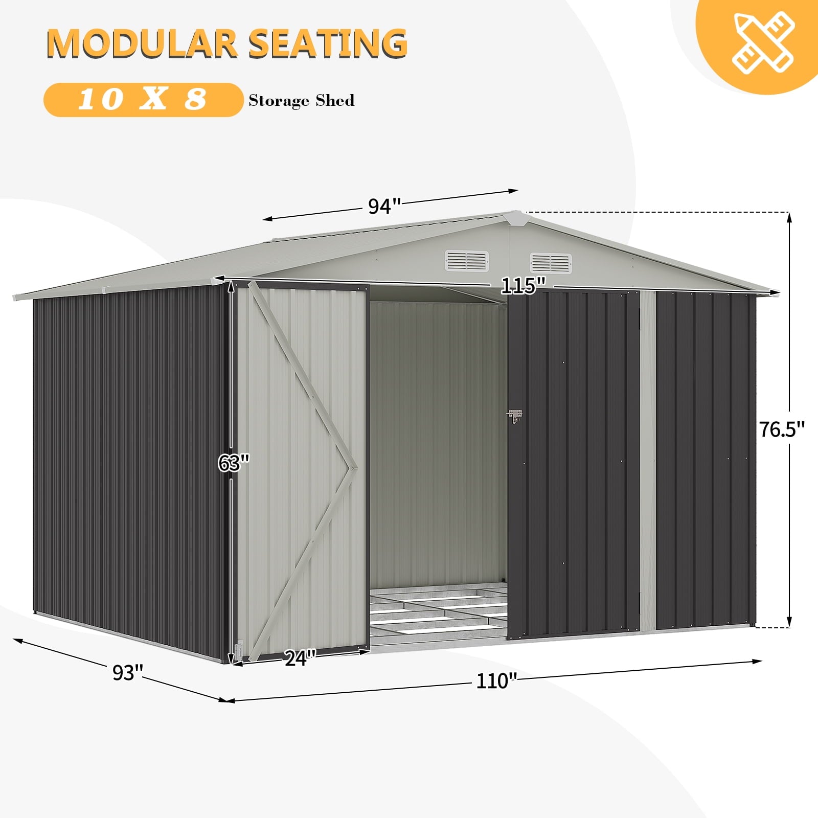10’x 8’ Outdoor Storage Shed with Base Frame, Metal Garden Tool Shed with Lockable Door, Galvanized Steel Shed for Backyard, Lawn and Patio, Gray