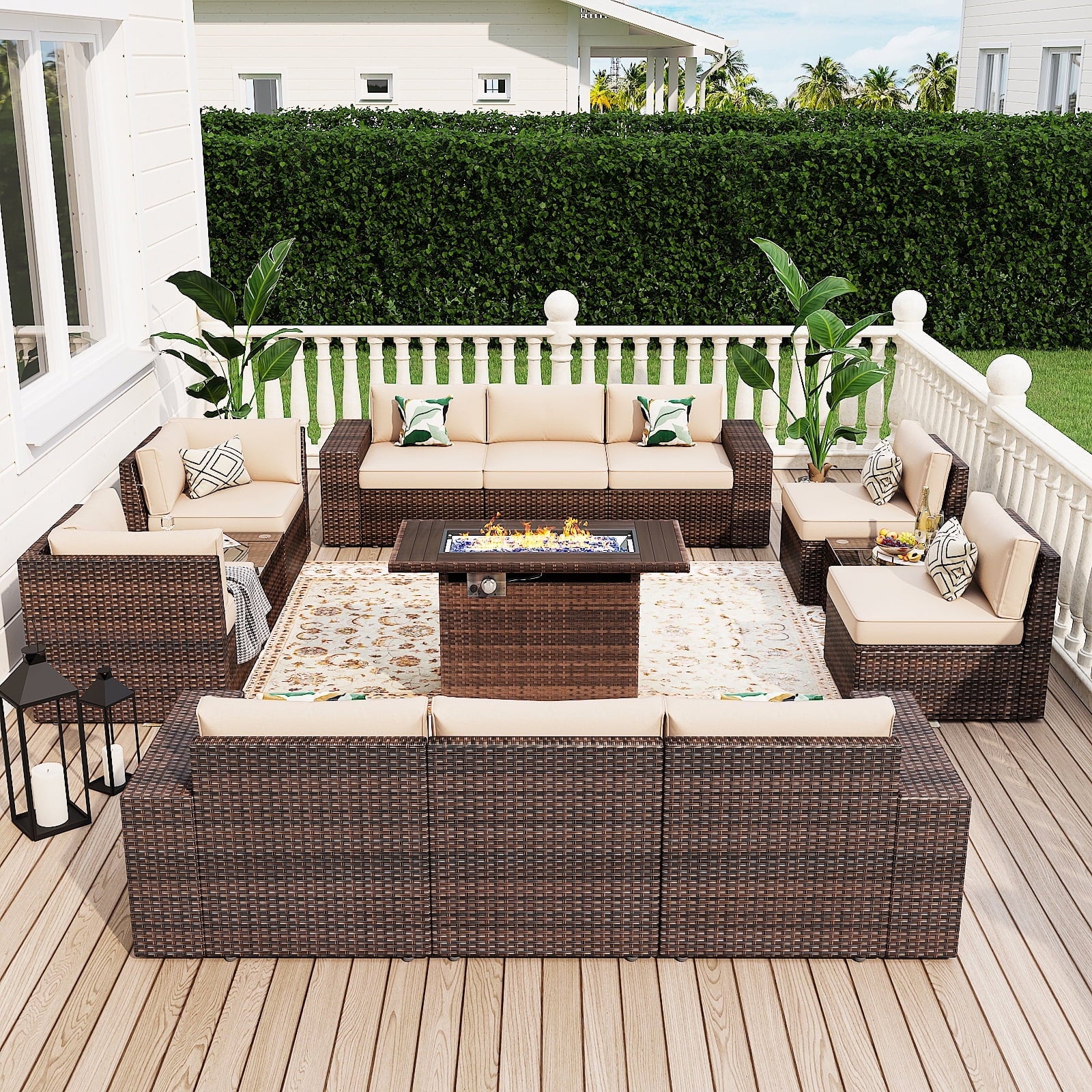 13pcs Patio Furniture Set with Fire Pit Table, Outside Rattan Sectional Sofa With 2 Coffee Table, Beige(with Waterproof Cover)