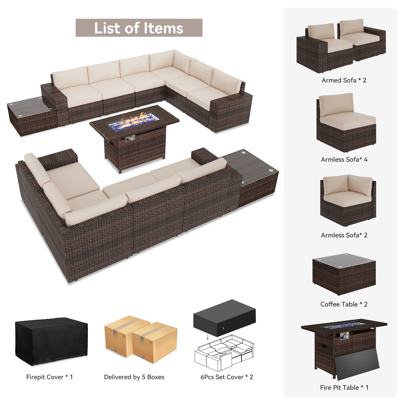 13pcs Patio Furniture Set with Fire Pit Table, Outside Rattan Sectional Sofa With 2 Coffee Table, Beige(with Waterproof Cover)