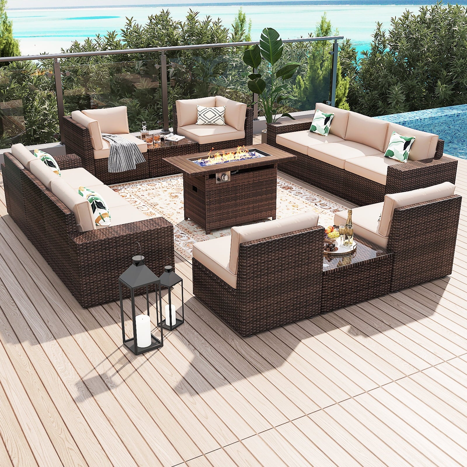 13pcs Patio Furniture Set with Fire Pit Table, Outside Rattan Sectional Sofa With 2 Coffee Table, Beige(with Waterproof Cover)