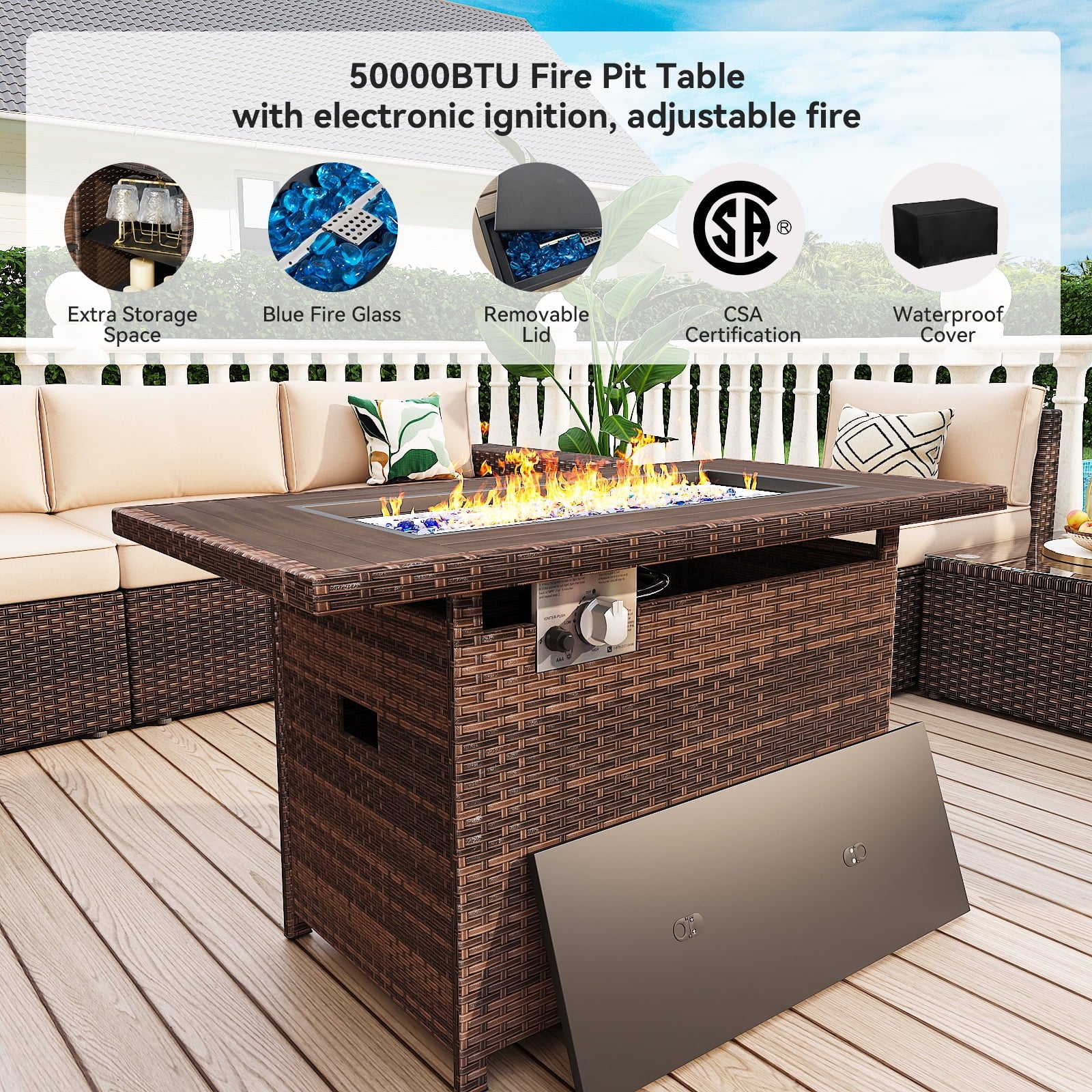 13pcs Patio Furniture Set with Fire Pit Table, Outside Rattan Sectional Sofa With 2 Coffee Table, Beige(with Waterproof Cover)