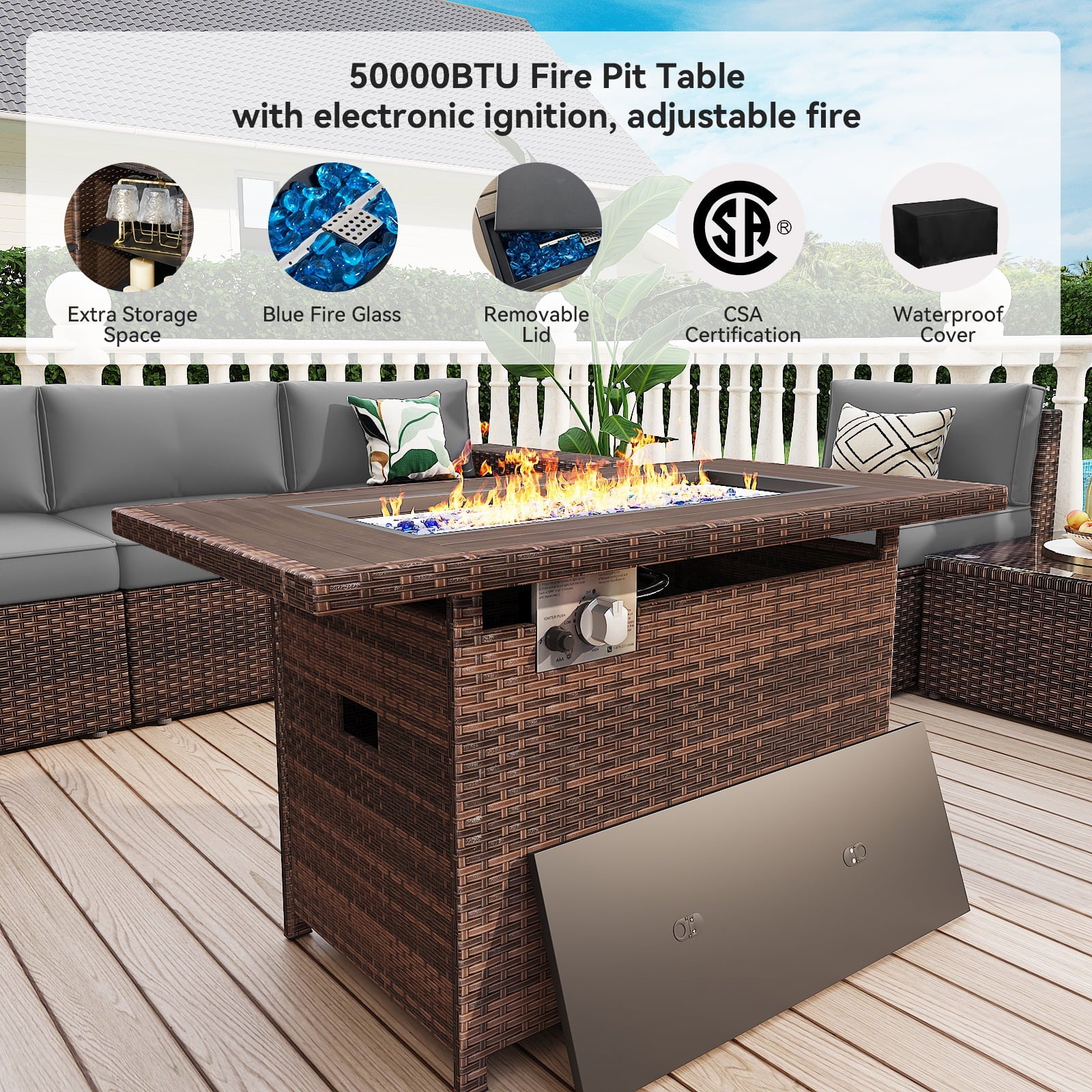 13pcs Patio Furniture Set with Fire Pit Table, Outside Rattan Sectional Sofa With 2 Coffee Table,Gray(with Waterproof Cover)