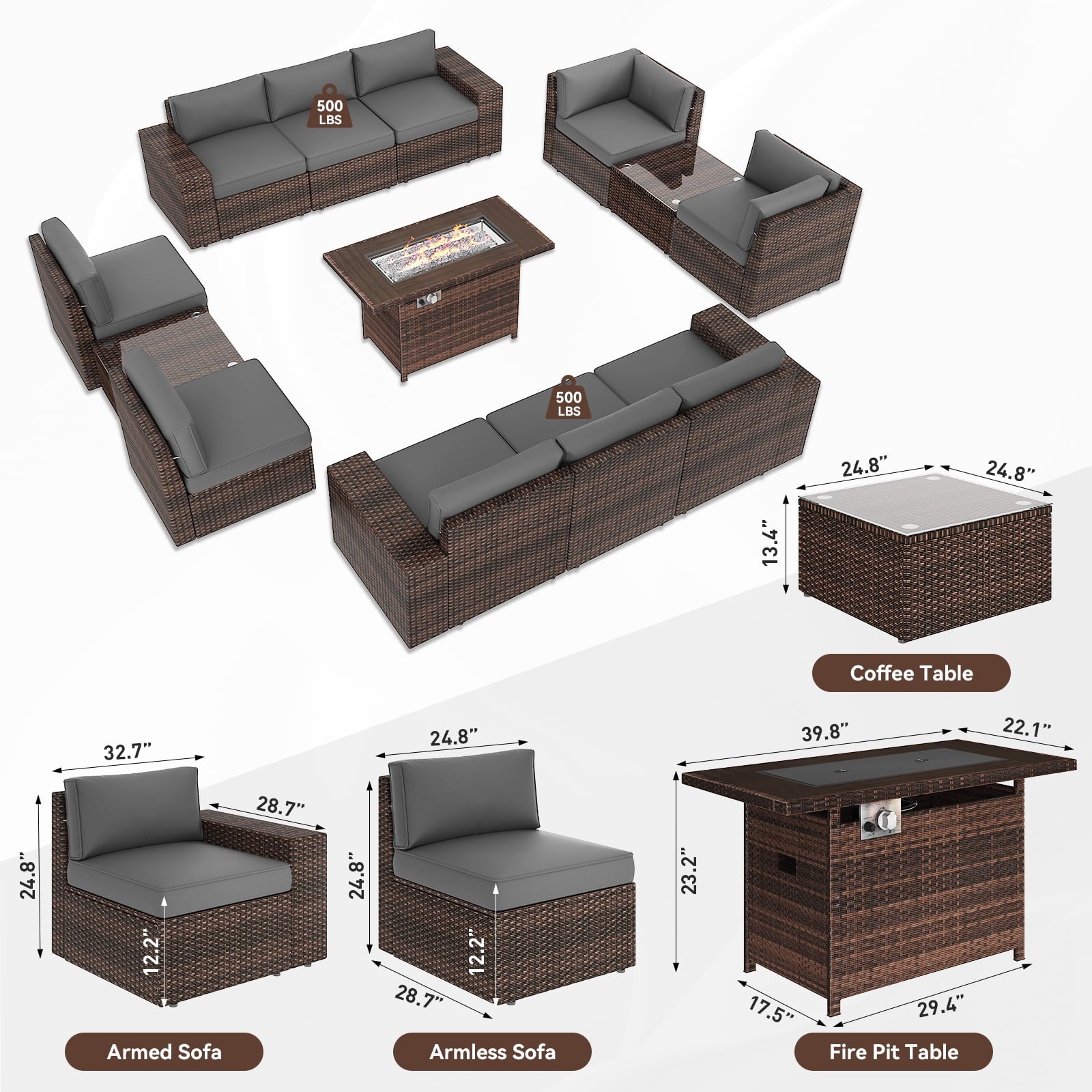 13pcs Patio Furniture Set with Fire Pit Table, Outside Rattan Sectional Sofa With 2 Coffee Table,Gray(with Waterproof Cover)