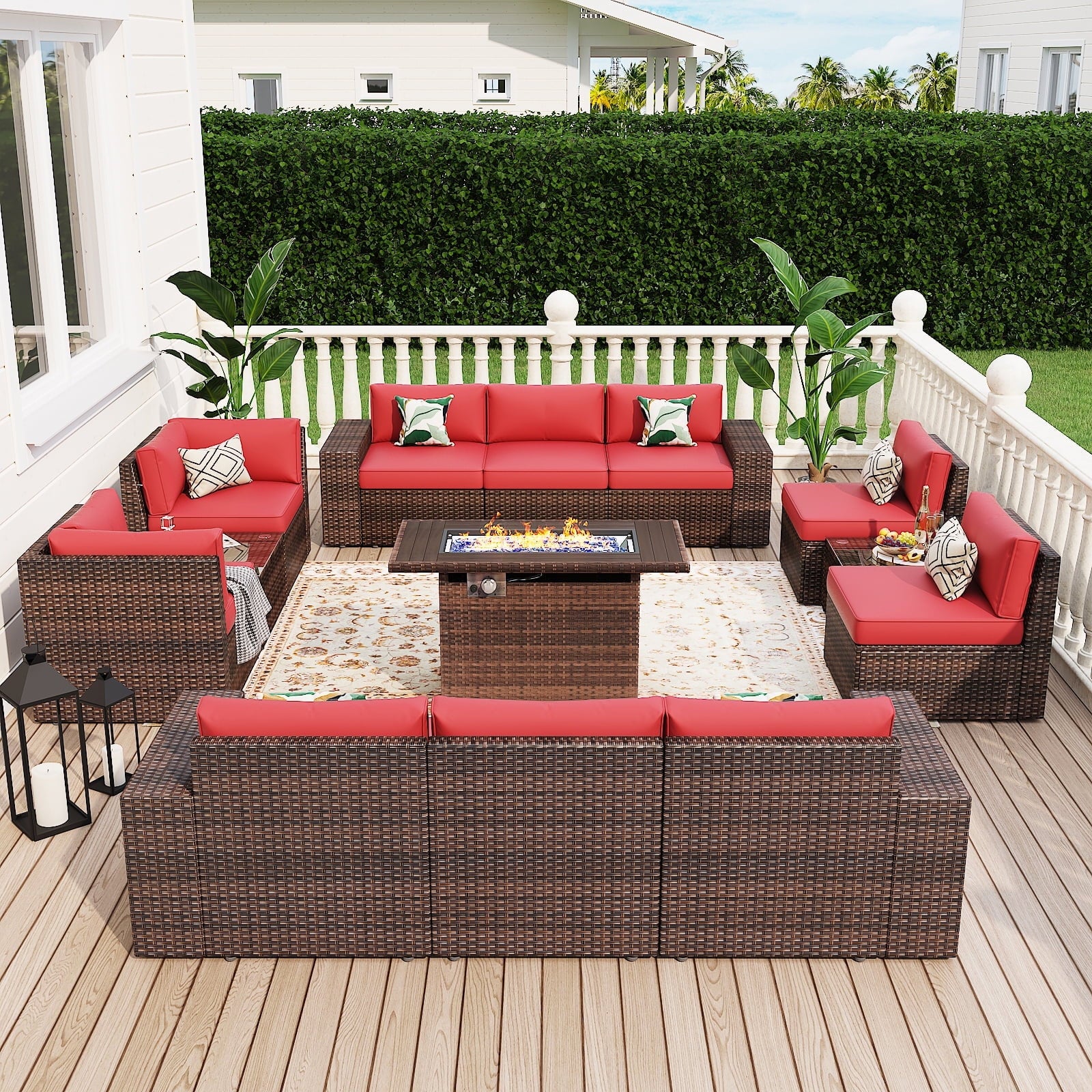3pcs Patio Furniture Set with Fire Pit Table, Outside Rattan Sectional Sofa With 2 Coffee Table,Red(with Waterproof Cover)