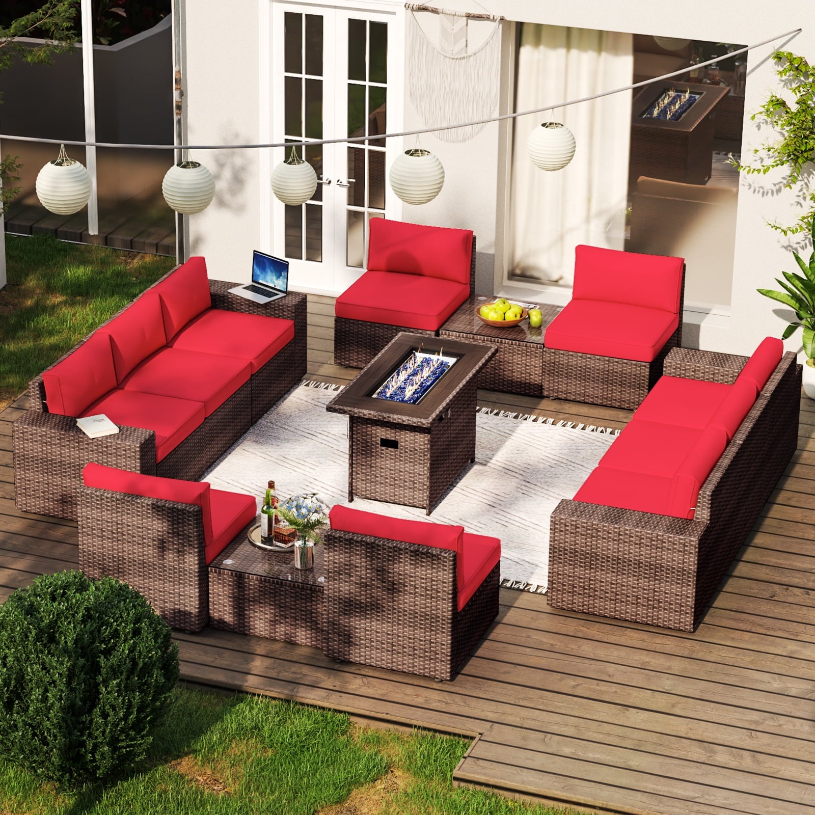13pcs Patio Furniture Set with Fire Pit Table(Include Waterproof Cover), PE Rattan Wicker sectional Sofa Set with 2 Coffee Table, Red