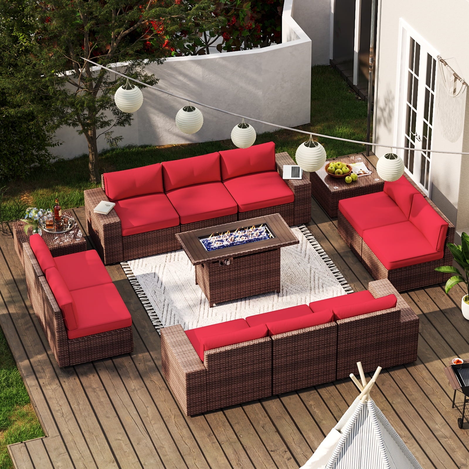 13pcs Patio Furniture Set with Fire Pit Table(Include Waterproof Cover), PE Rattan Wicker sectional Sofa Set with 2 Coffee Table, Red