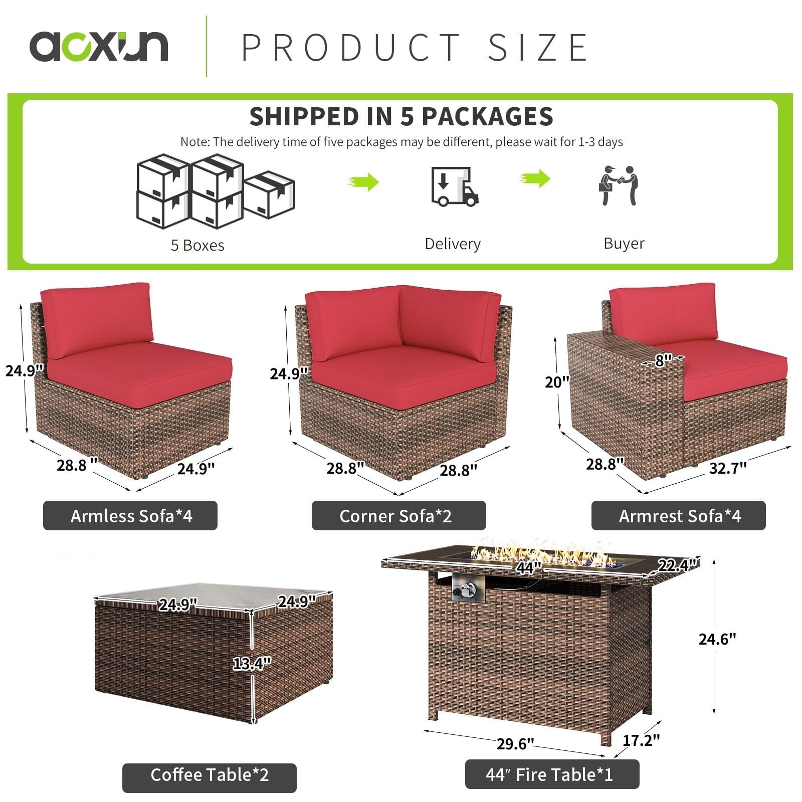 13pcs Patio Furniture Set with Fire Pit Table, PE Rattan Wicker sectional Sofa Set with 2 Coffee Table, Red