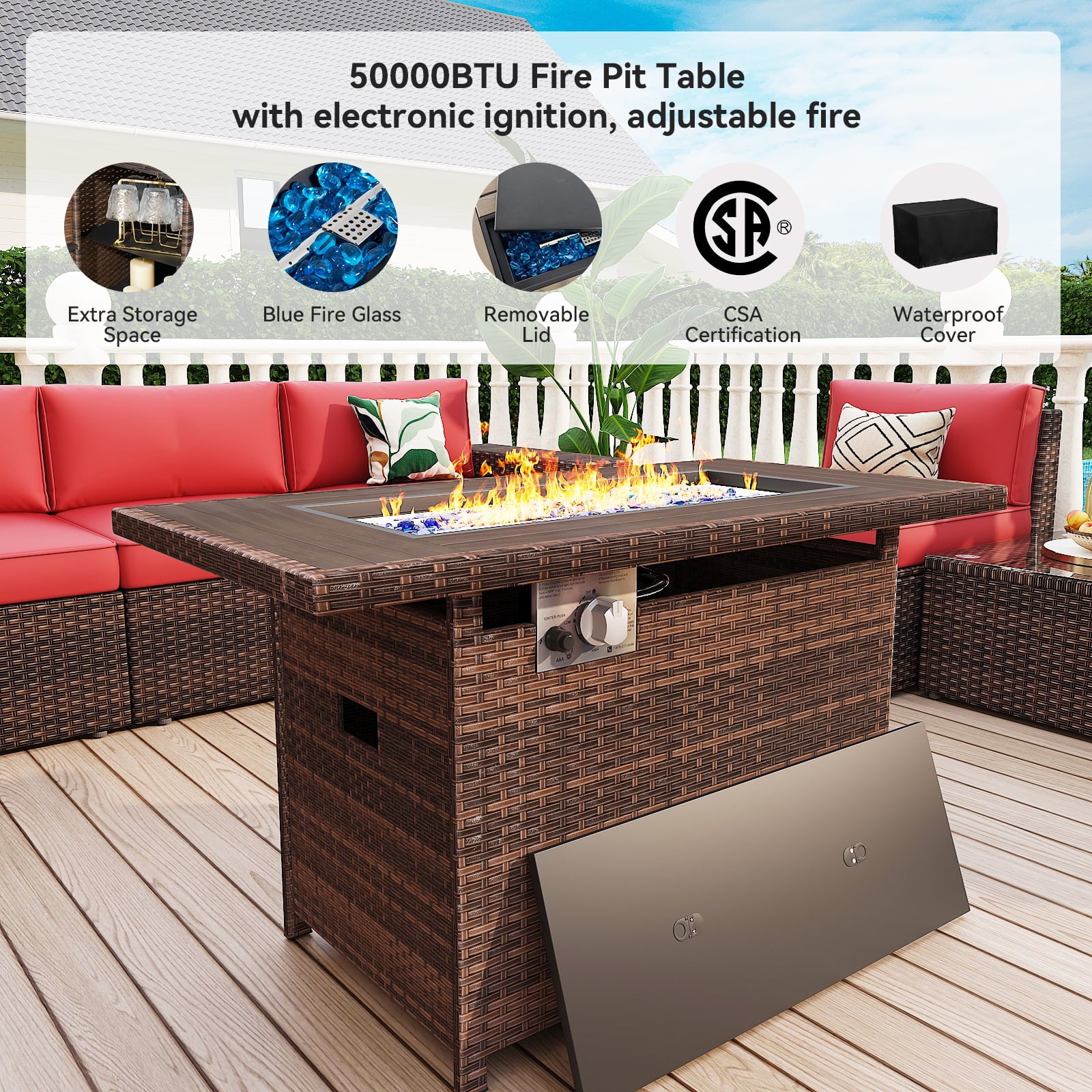 3pcs Patio Furniture Set with Fire Pit Table, Outside Rattan Sectional Sofa With 2 Coffee Table,Red(with Waterproof Cover)
