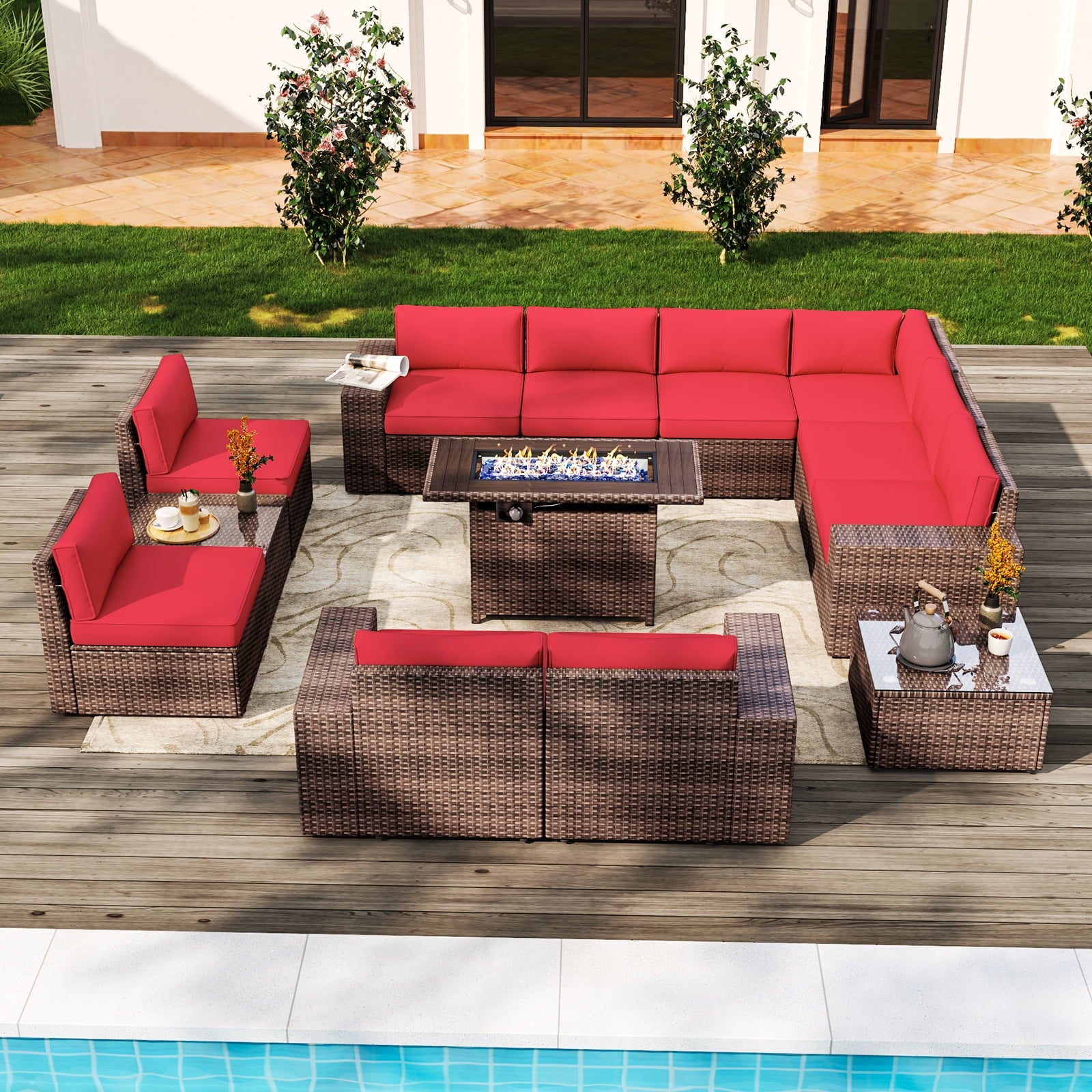 13pcs Patio Furniture Set with Fire Pit Table(Include Waterproof Cover), PE Rattan Wicker sectional Sofa Set with 2 Coffee Table, Red