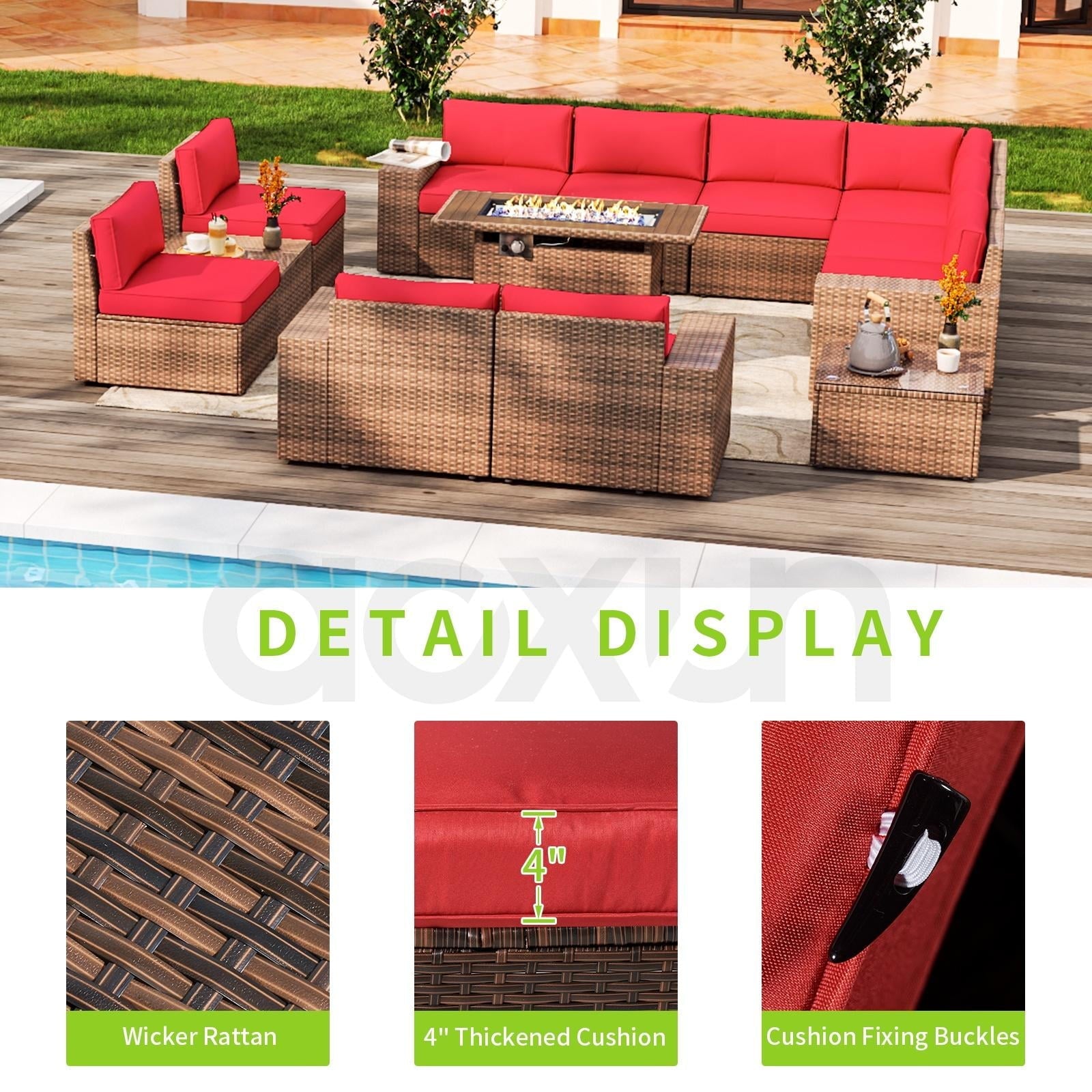 13pcs Patio Furniture Set with Fire Pit Table, PE Rattan Wicker sectional Sofa Set with 2 Coffee Table, Red